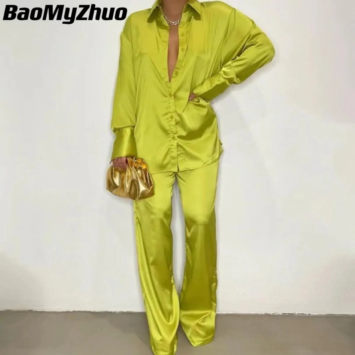 2022 Set coordinati da donna eleganti in raso Camicia a maniche lunghe casual Pantaloni dritti Abito femminile Solido allentato