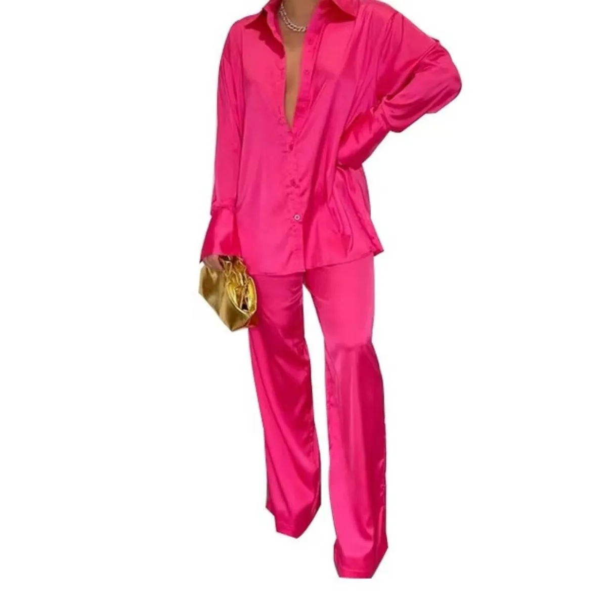 2022 Set coordinati da donna eleganti in raso Camicia a maniche lunghe casual Pantaloni dritti Abito femminile Solido allentato