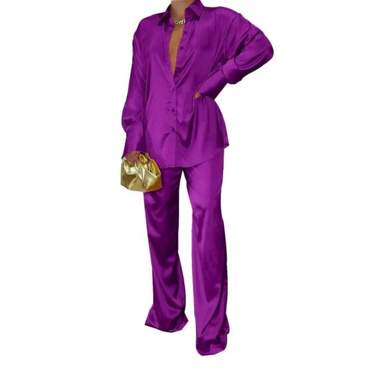 2022 Set coordinati da donna eleganti in raso Camicia a maniche lunghe casual Pantaloni dritti Abito femminile Solido allentato