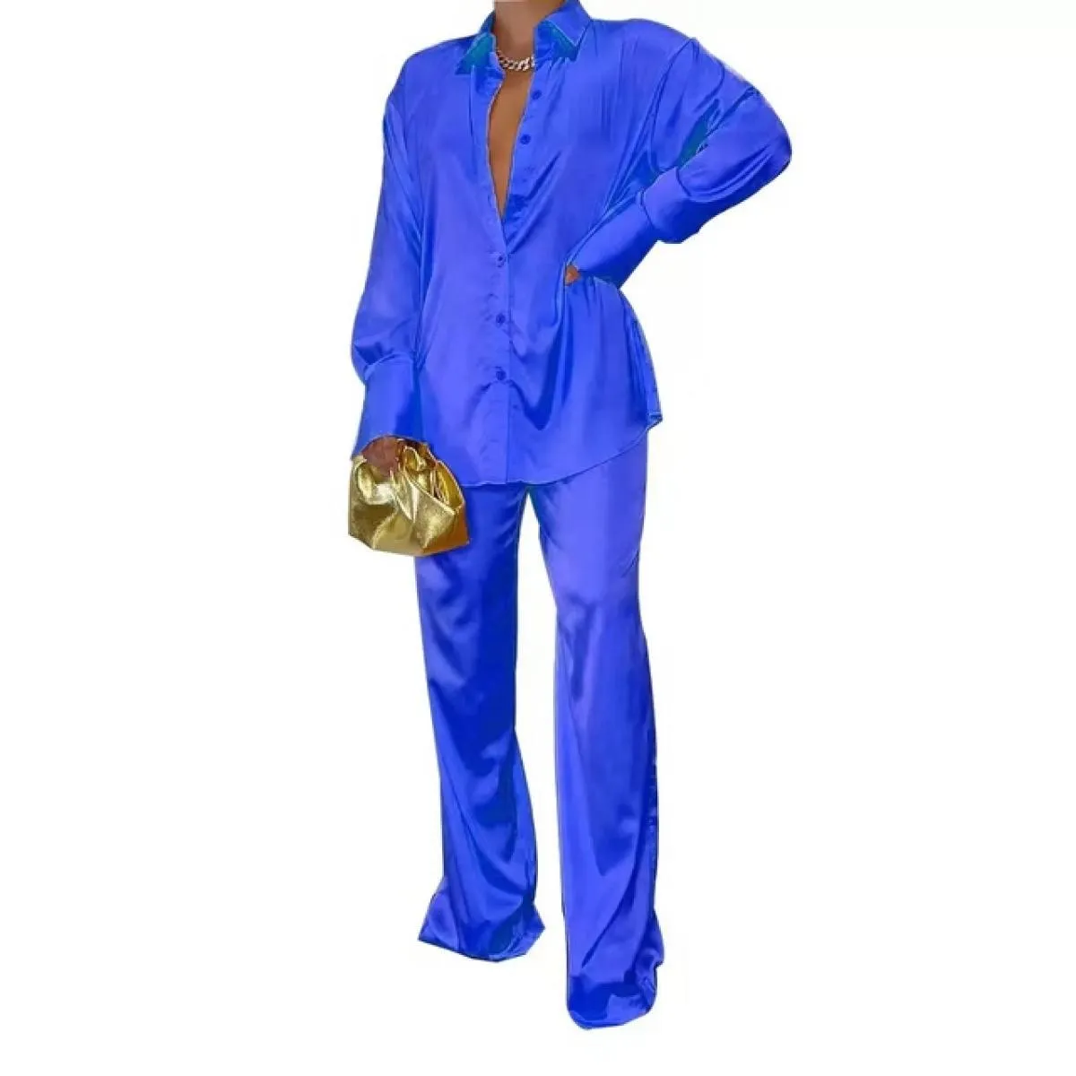 2022 Set coordinati da donna eleganti in raso Camicia a maniche lunghe casual Pantaloni dritti Abito femminile Solido allentato