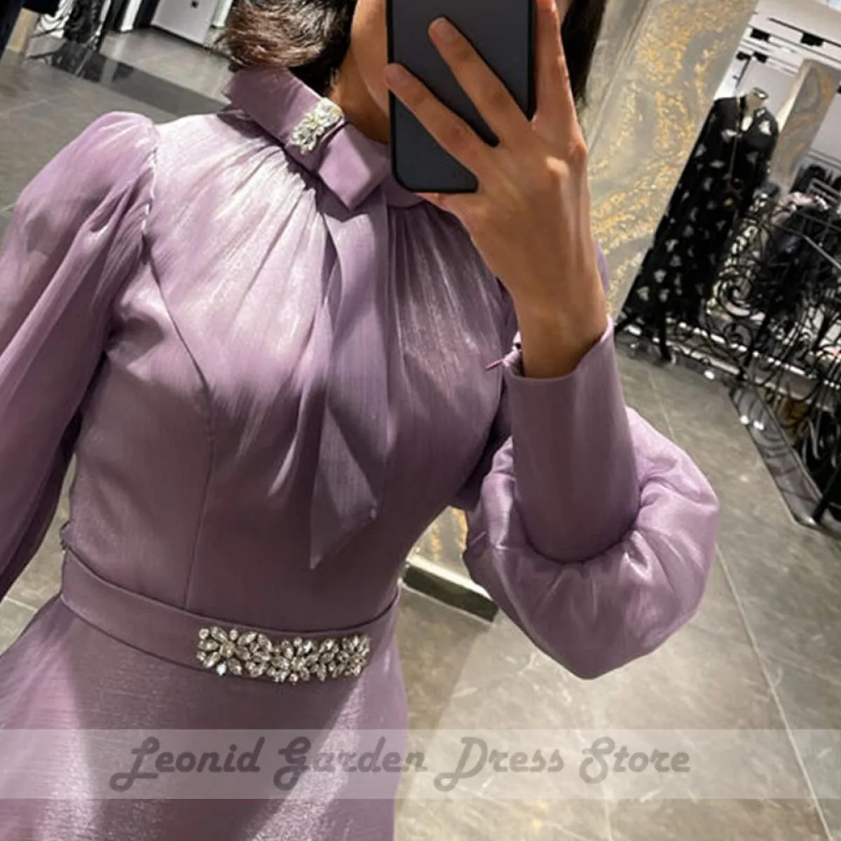 Abiti da sera eleganti viola con linea A 2023 Nuovo arrivo Abiti da cerimonia con maniche lunghe gonfie o collo bordante Custom