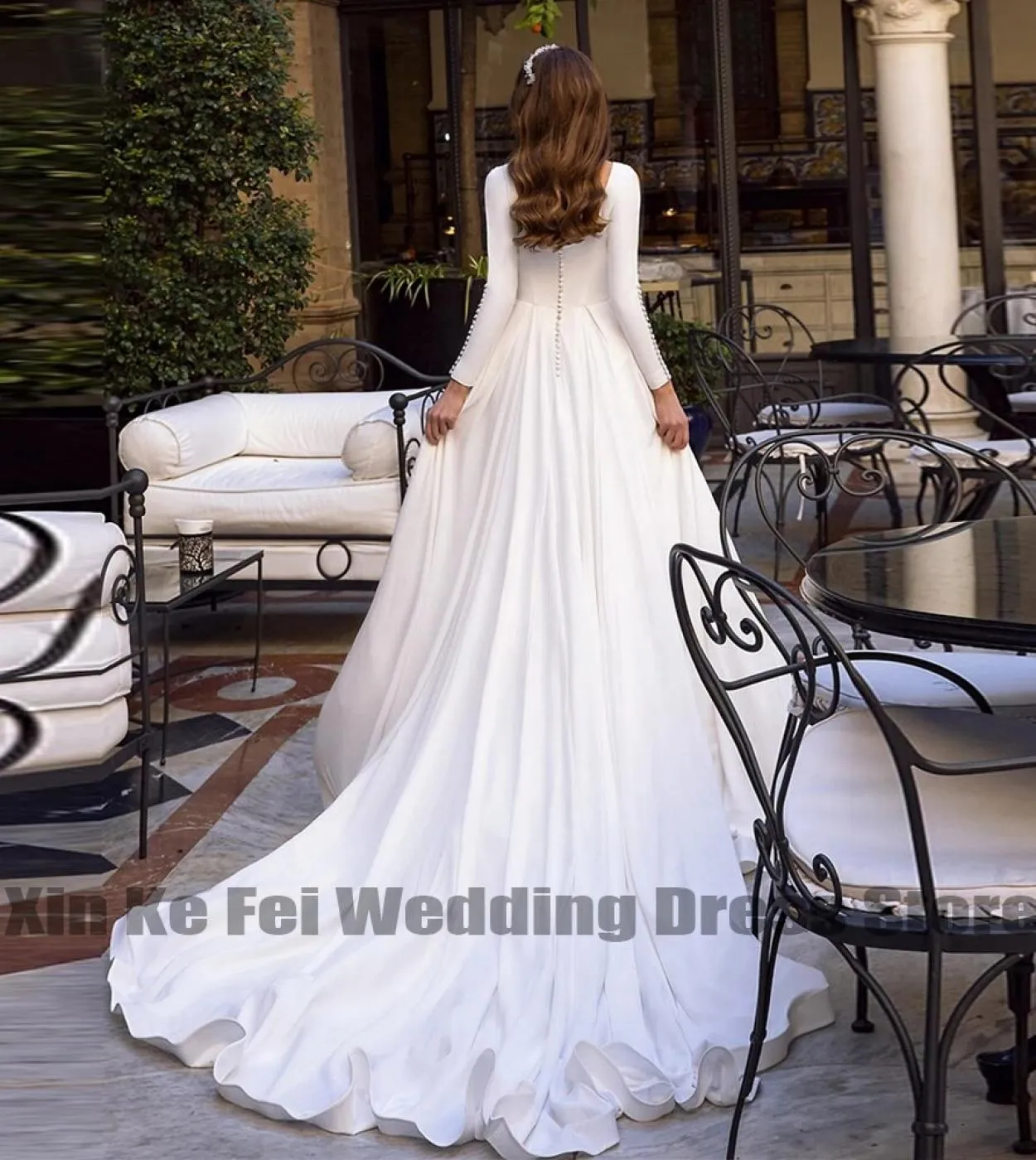 Abiti da sposa in raso semplici Abiti da sposa eleganti da donna con scollo rotondo Principessa Prom Abiti da sposa a maniche lu