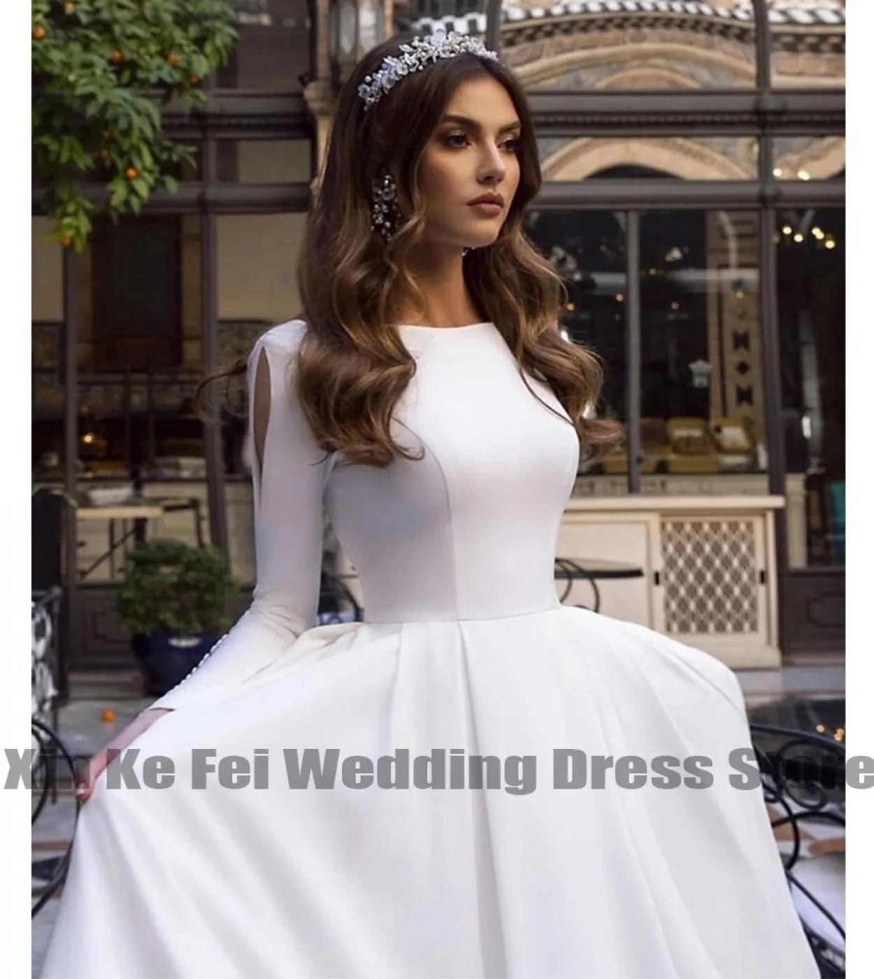 Abiti da sposa in raso semplici Abiti da sposa eleganti da donna con scollo rotondo Principessa Prom Abiti da sposa a maniche lu