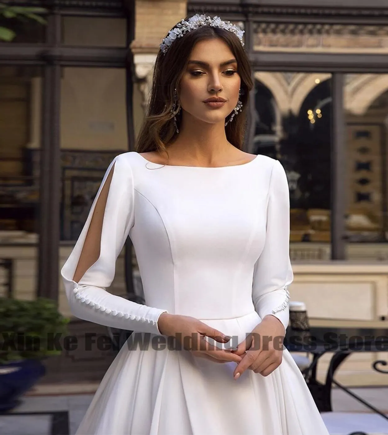 Abiti da sposa in raso semplici Abiti da sposa eleganti da donna con scollo rotondo Principessa Prom Abiti da sposa a maniche lu