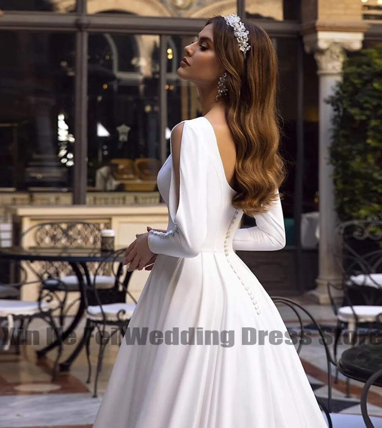 Abiti da sposa in raso semplici Abiti da sposa eleganti da donna con scollo rotondo Principessa Prom Abiti da sposa a maniche lu