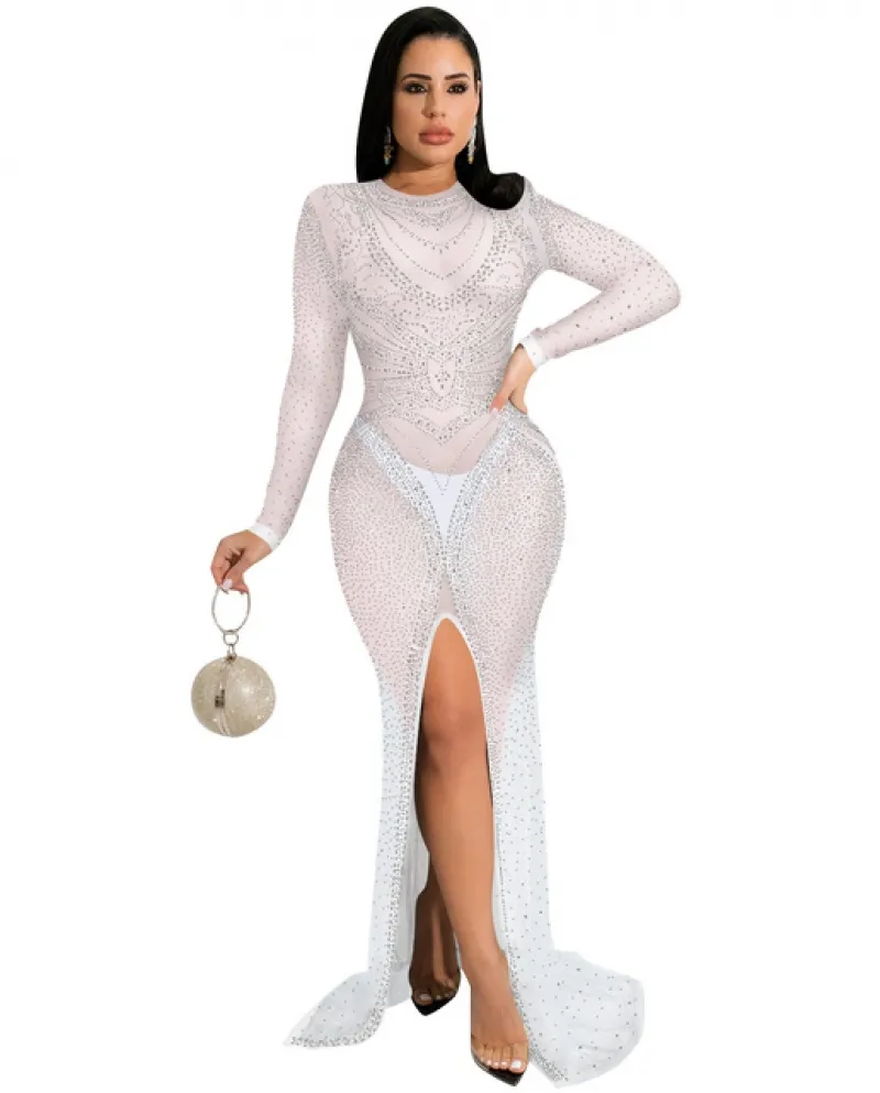 Abiti eleganti con cutuly Abito a maniche lunghe con diamanti elasticizzati Abito da donna a rete con spacco attillato Maxi autu