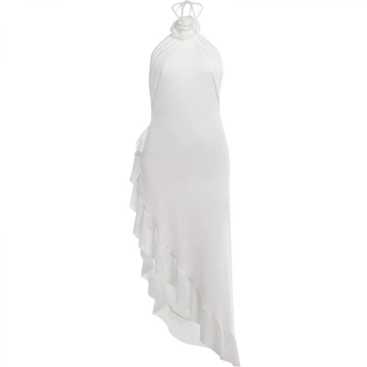 Abito da ballo da sera irregolare con volant irregolare con scollo all'americana con fiori bianchi Abiti eleganti da donna solid
