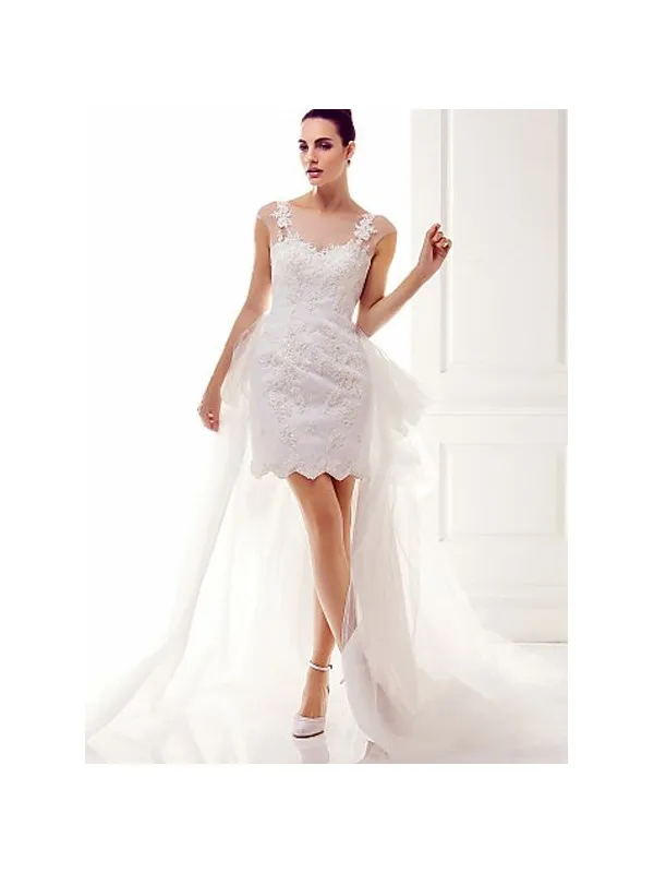 Abito da Sposa Corto in pizzo con coda di tulle lunga e bretelle in pizzo e tulle