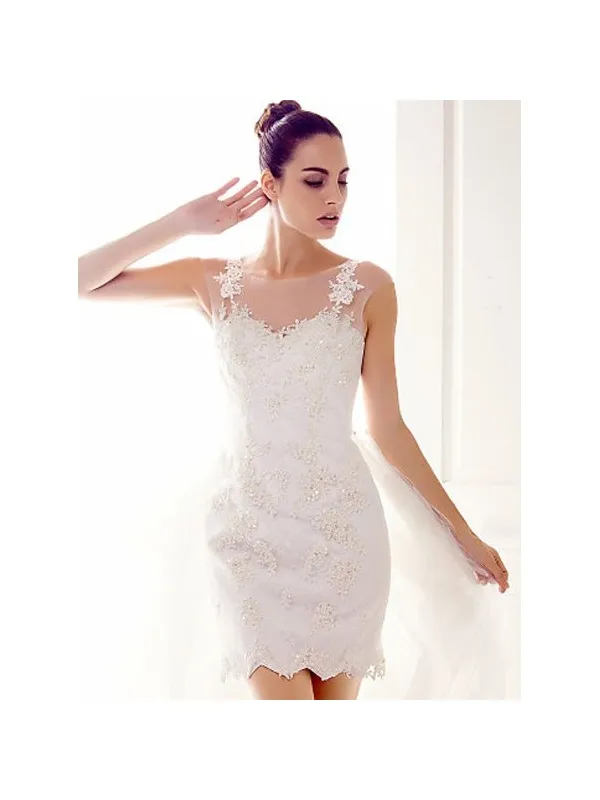 Abito da Sposa Corto in pizzo con coda di tulle lunga e bretelle in pizzo e tulle