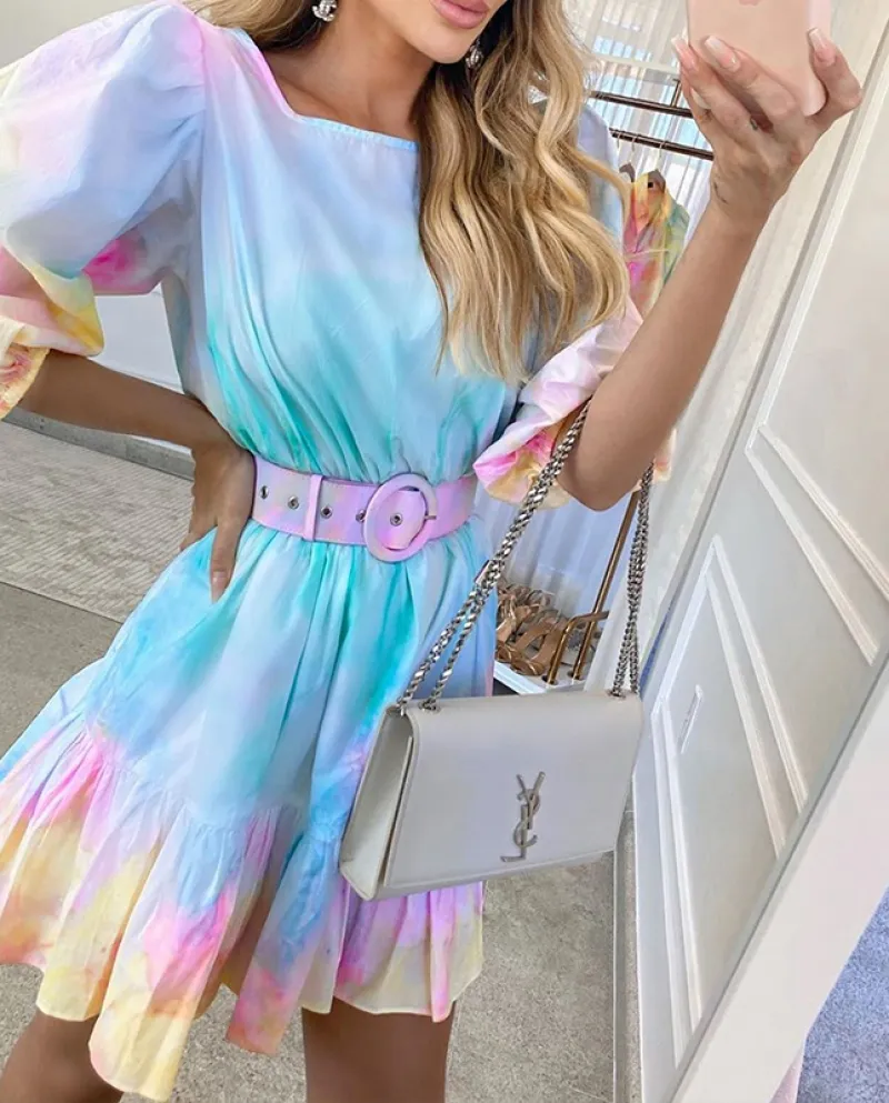 Abito Hirigin Tie Dye con maniche a sbuffo con volant per le donne Eleganti da donna Rou