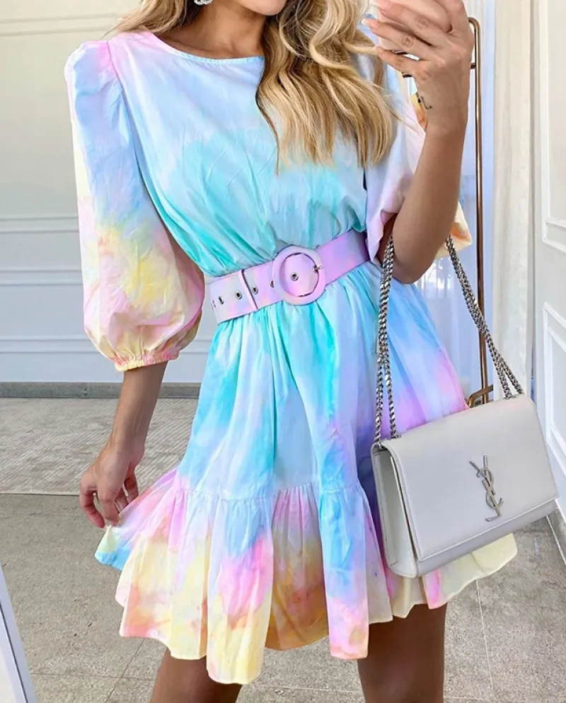 Abito Hirigin Tie Dye con maniche a sbuffo con volant per le donne Eleganti da donna Rou
