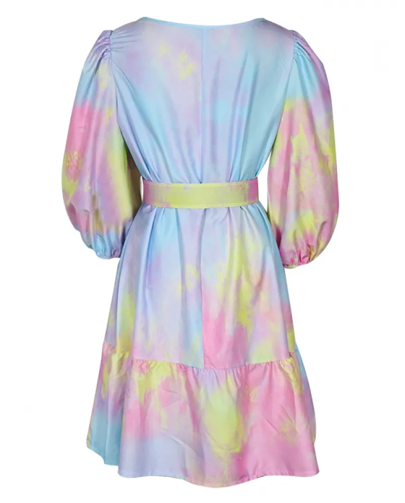 Abito Hirigin Tie Dye con maniche a sbuffo con volant per le donne Eleganti da donna Rou