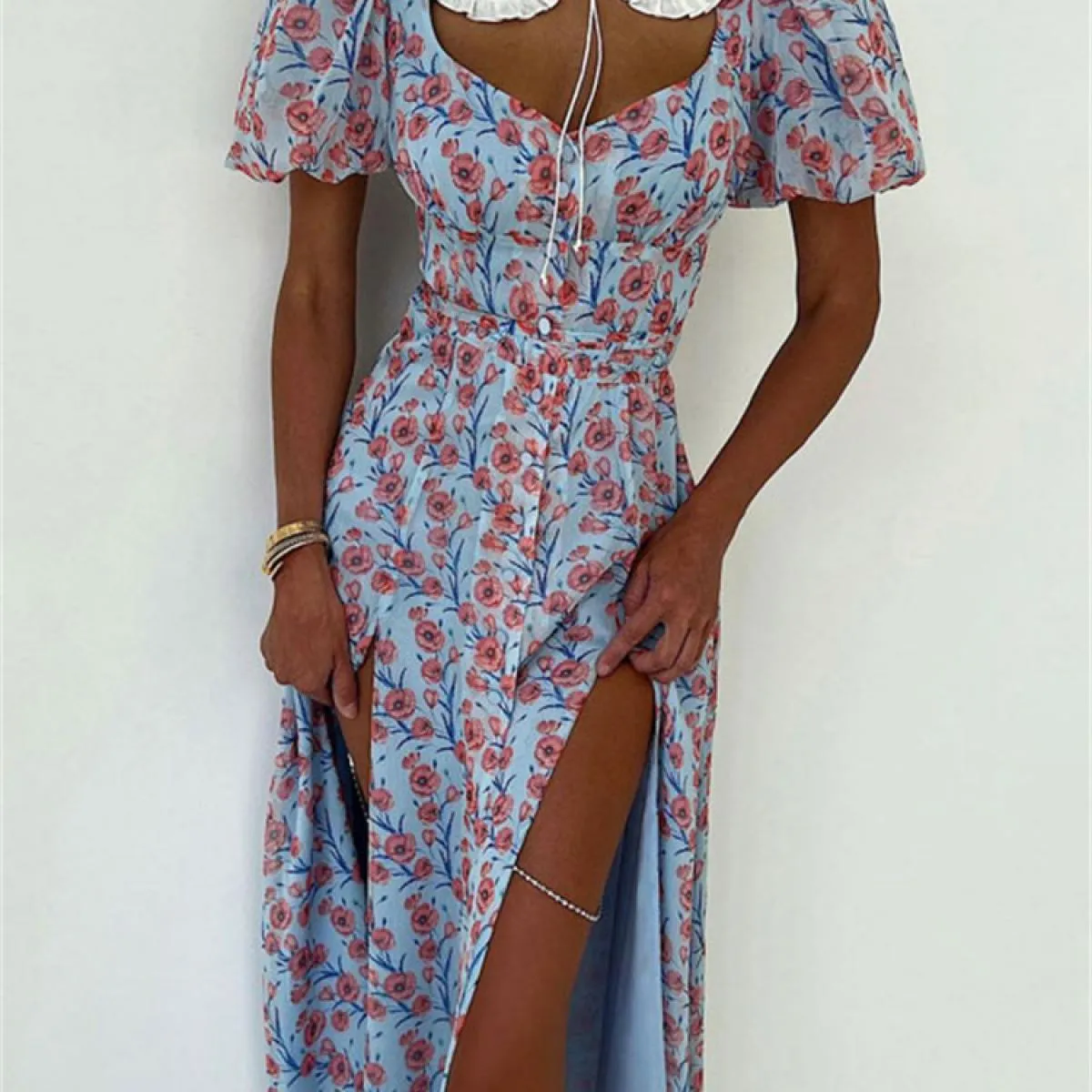 Abito lungo stampato con spacco alto Donna Casual Manica corta Scava fuori Con lacci Abiti eleganti Vita alta Donna estiva