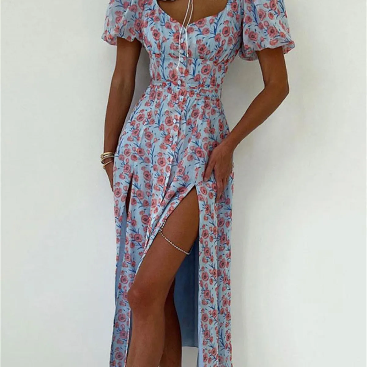 Abito lungo stampato con spacco alto Donna Casual Manica corta Scava fuori Con lacci Abiti eleganti Vita alta Donna estiva