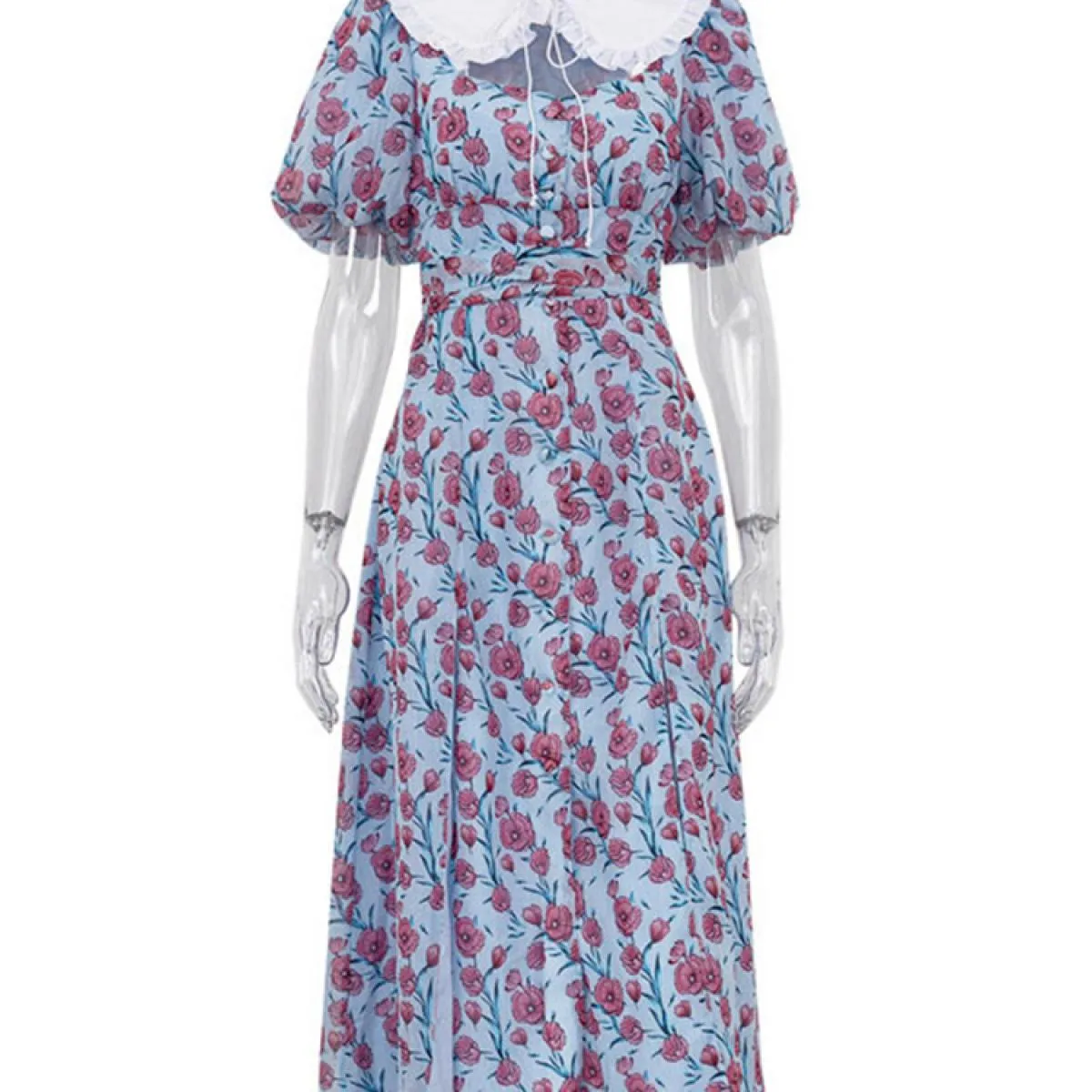 Abito lungo stampato con spacco alto Donna Casual Manica corta Scava fuori Con lacci Abiti eleganti Vita alta Donna estiva