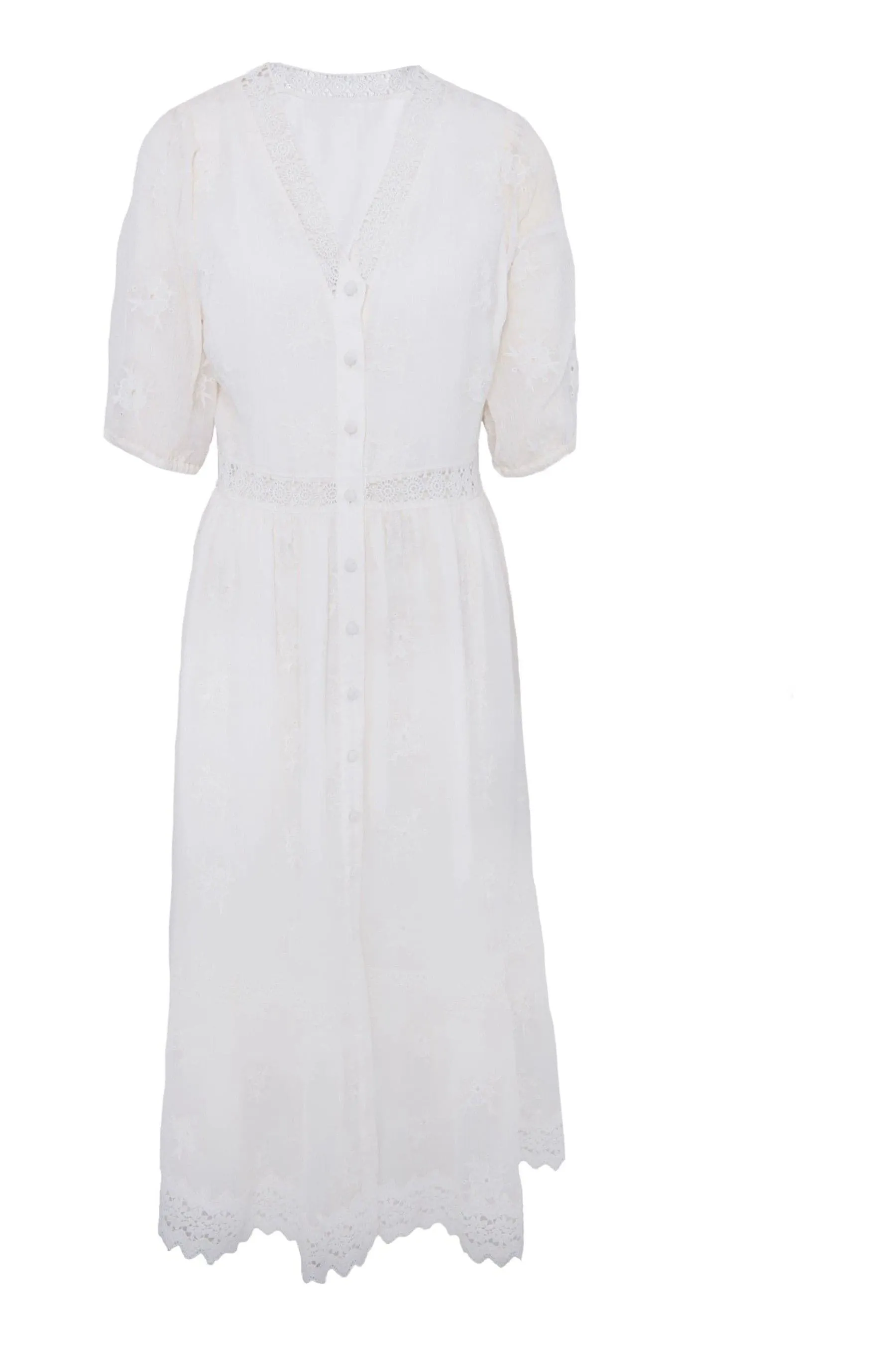 Another Sunday Cream - Abito midi in chiffon con bottoni Pizzo ricami