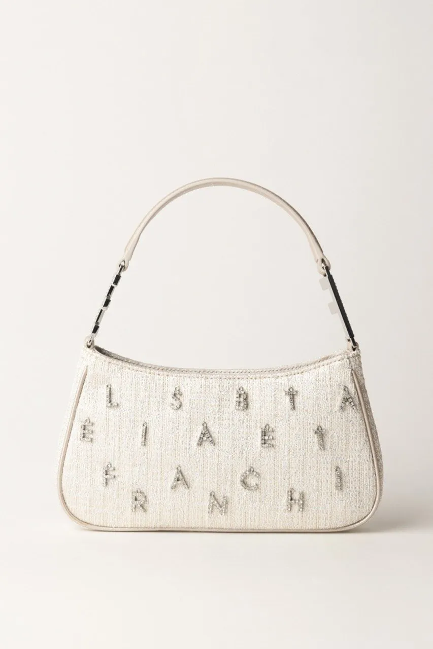 Borsa a spalla in tweed lurex con lettering di strass Argento