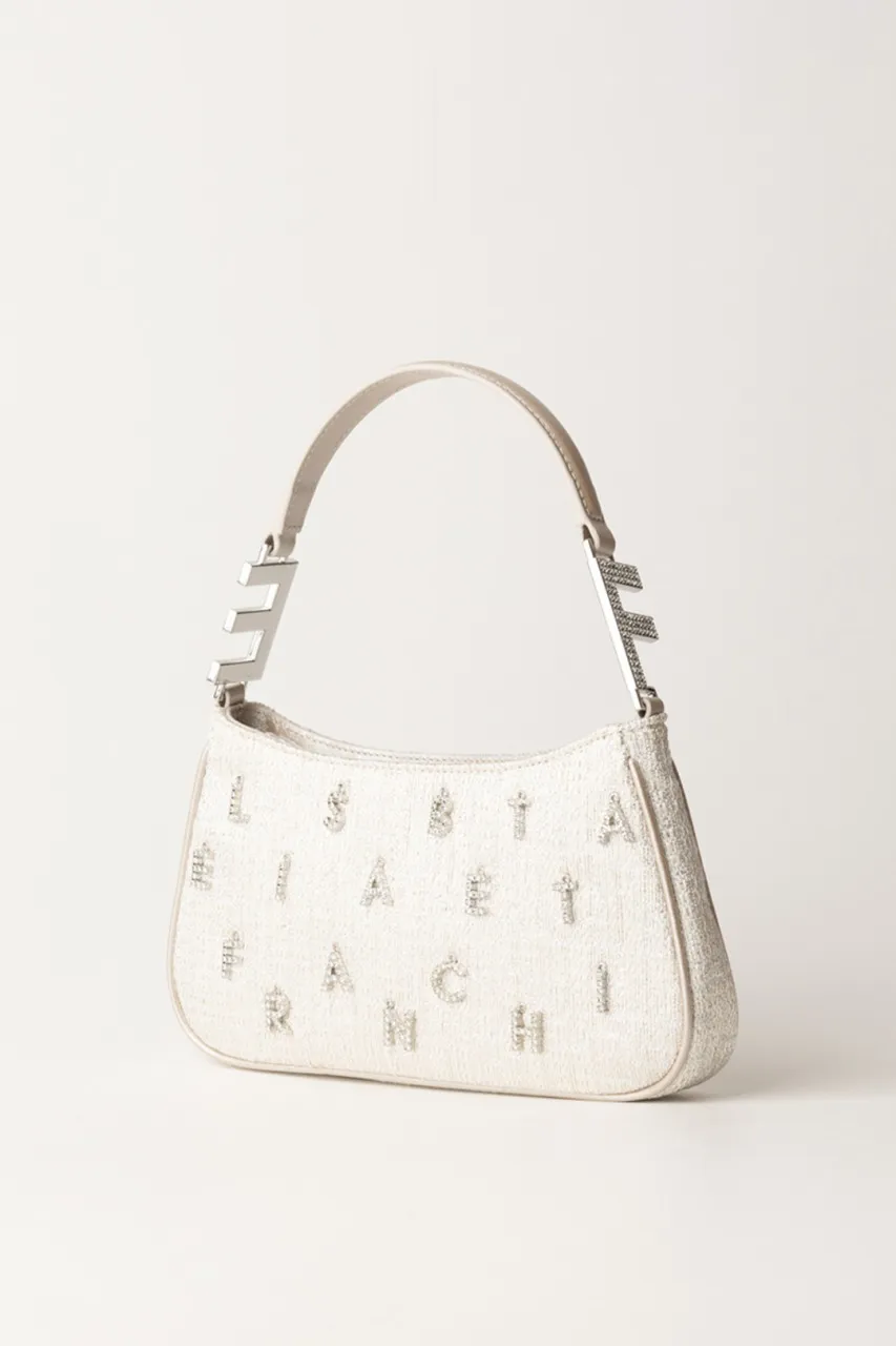 Borsa a spalla in tweed lurex con lettering di strass Argento