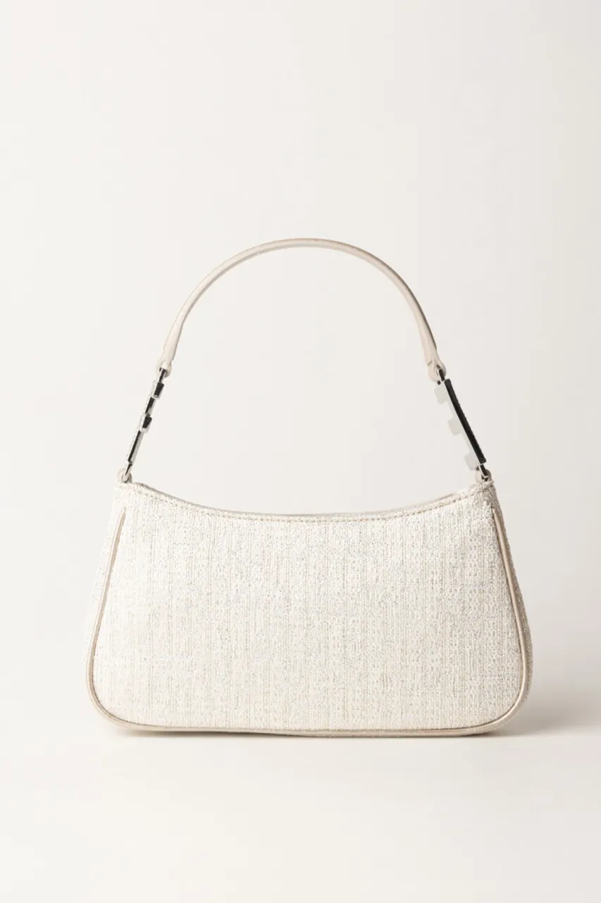 Borsa a spalla in tweed lurex con lettering di strass Argento