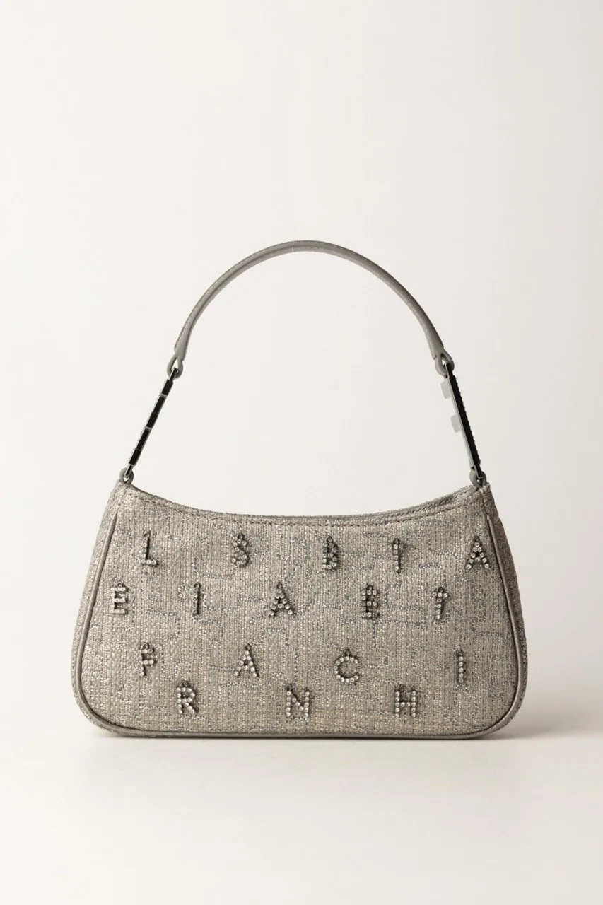 Borsa a spalla in tweed lurex con lettering di strass PIOMBO