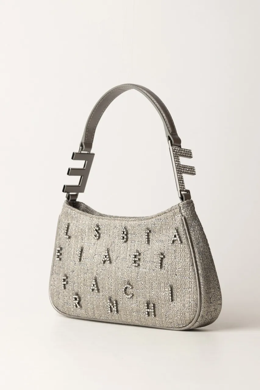 Borsa a spalla in tweed lurex con lettering di strass PIOMBO