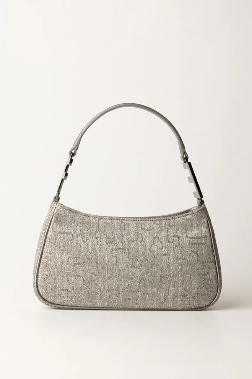 Borsa a spalla in tweed lurex con lettering di strass PIOMBO