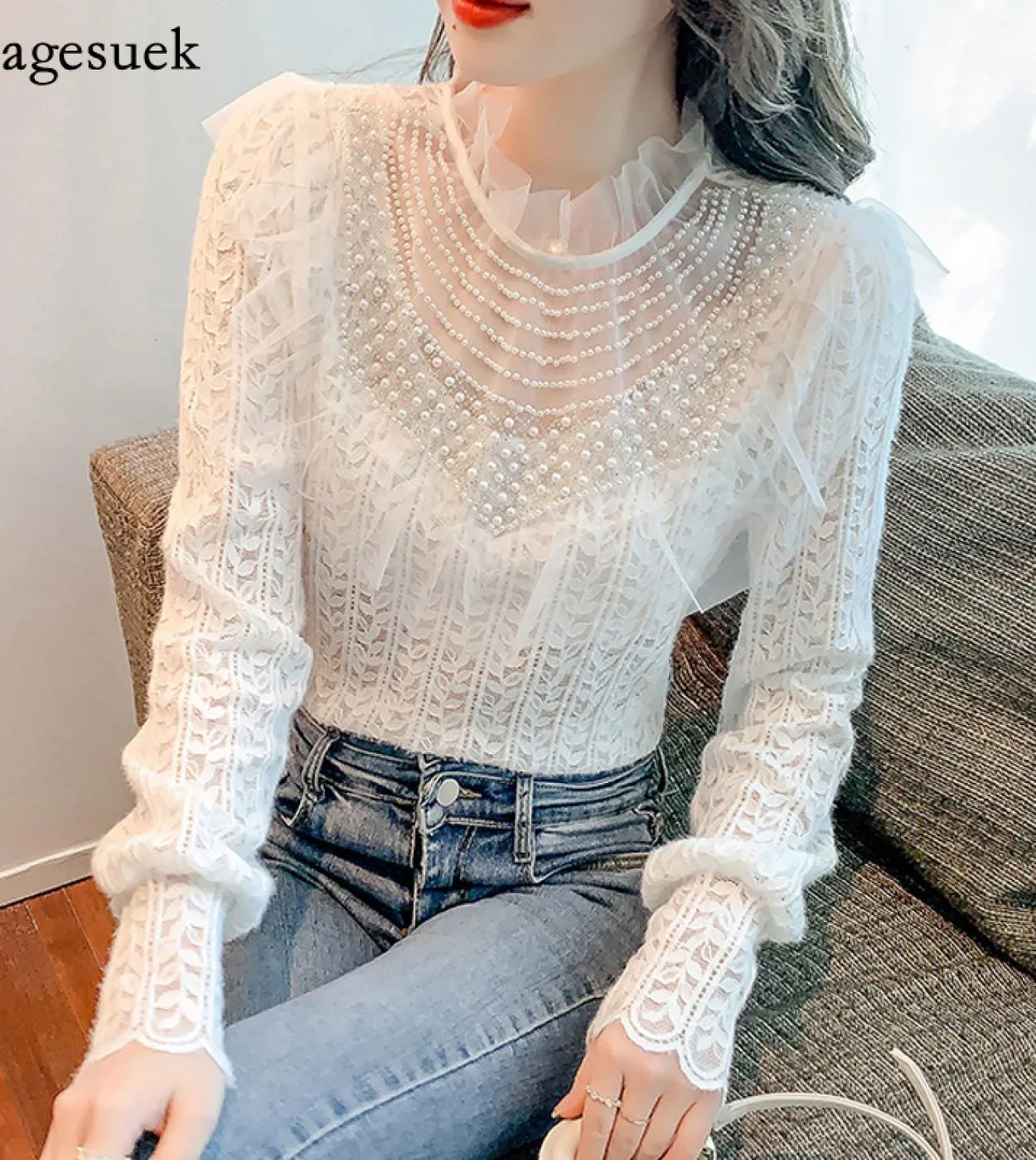 Camicetta da donna in pizzo con colletto alla coreana Camicie eleganti da donna a maniche lunghe Camicetta bianca con cuciture a
