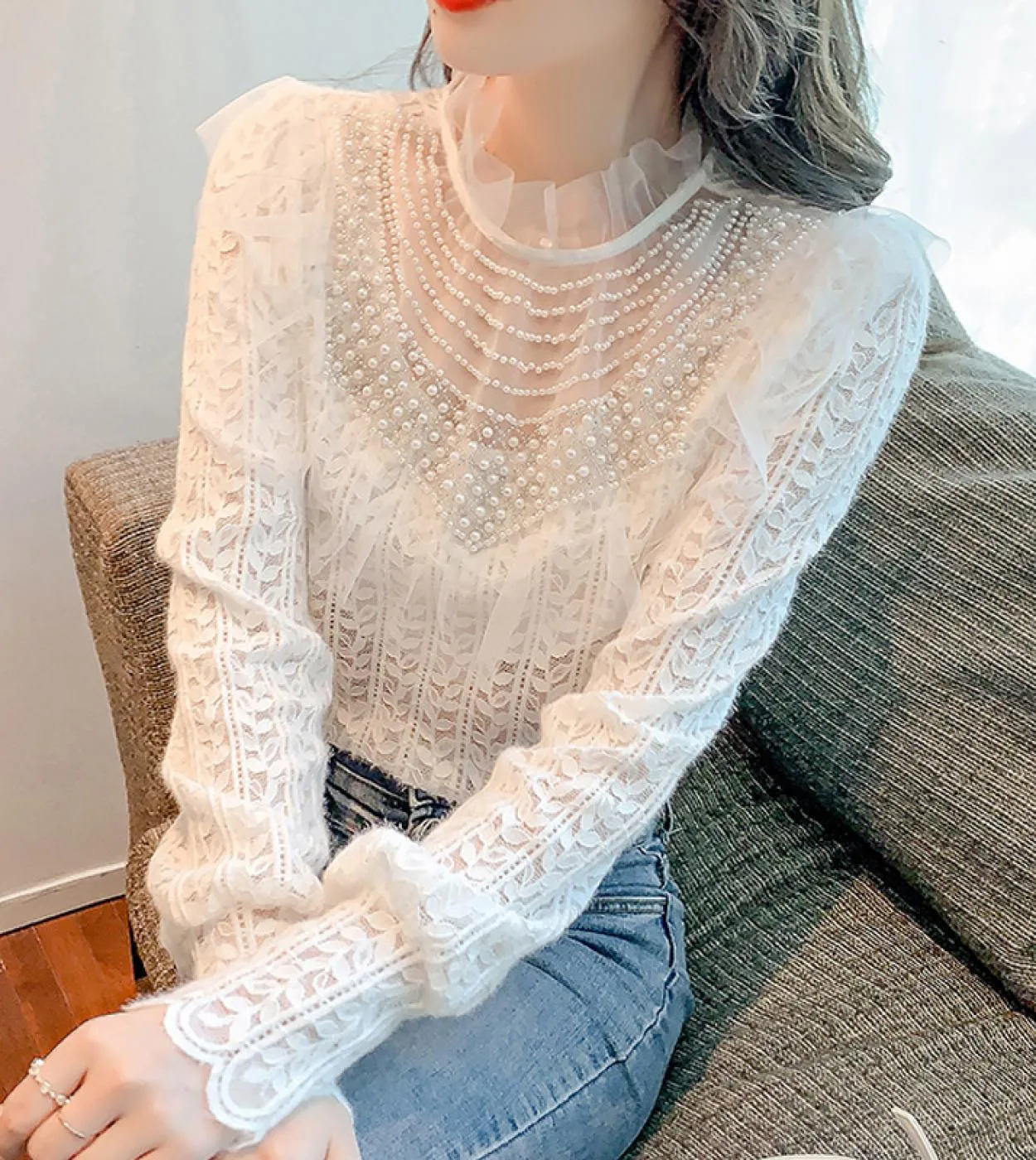 Camicetta da donna in pizzo con colletto alla coreana Camicie eleganti da donna a maniche lunghe Camicetta bianca con cuciture a