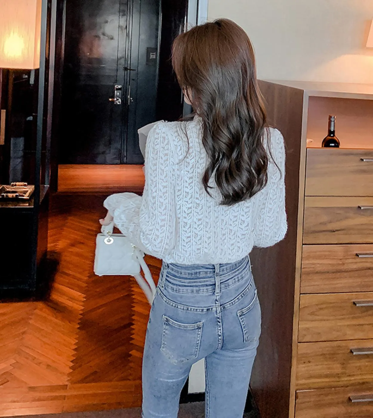 Camicetta da donna in pizzo con colletto alla coreana Camicie eleganti da donna a maniche lunghe Camicetta bianca con cuciture a