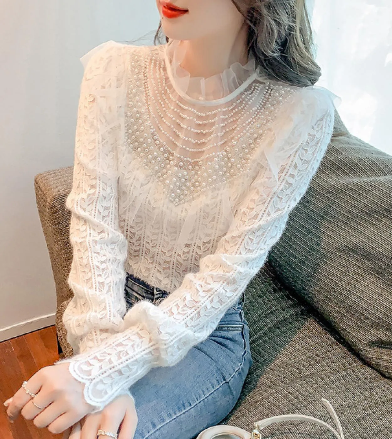 Camicetta da donna in pizzo con colletto alla coreana Camicie eleganti da donna a maniche lunghe Camicetta bianca con cuciture a