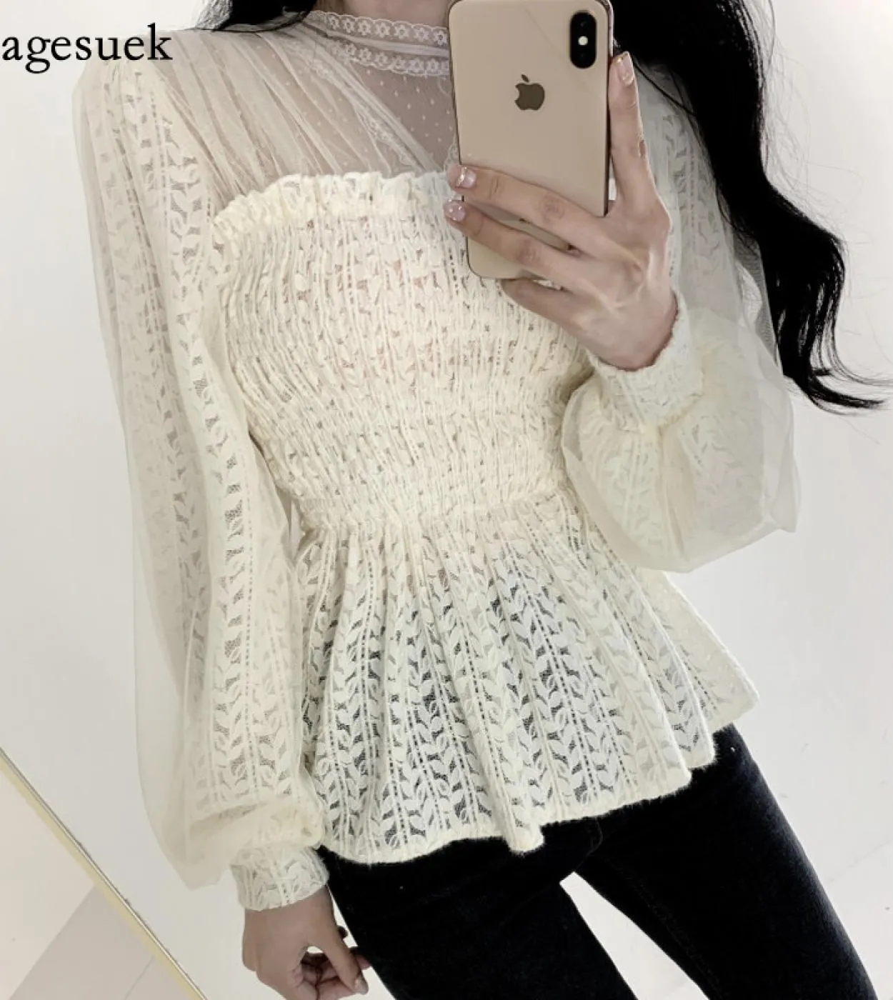Camicetta in pizzo a maniche lunghe primaverili Colletto alla coreana Camicie eleganti da donna in maglia alluncinetto vuota Ca