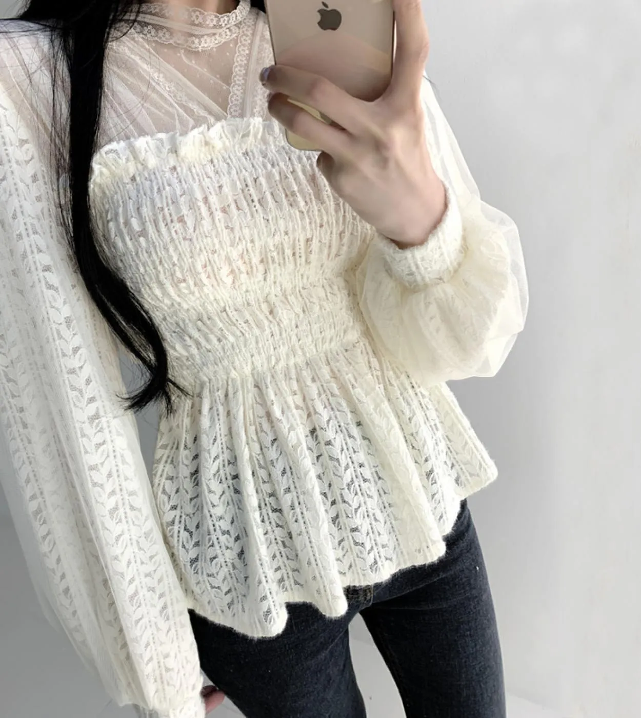 Camicetta in pizzo a maniche lunghe primaverili Colletto alla coreana Camicie eleganti da donna in maglia alluncinetto vuota Ca