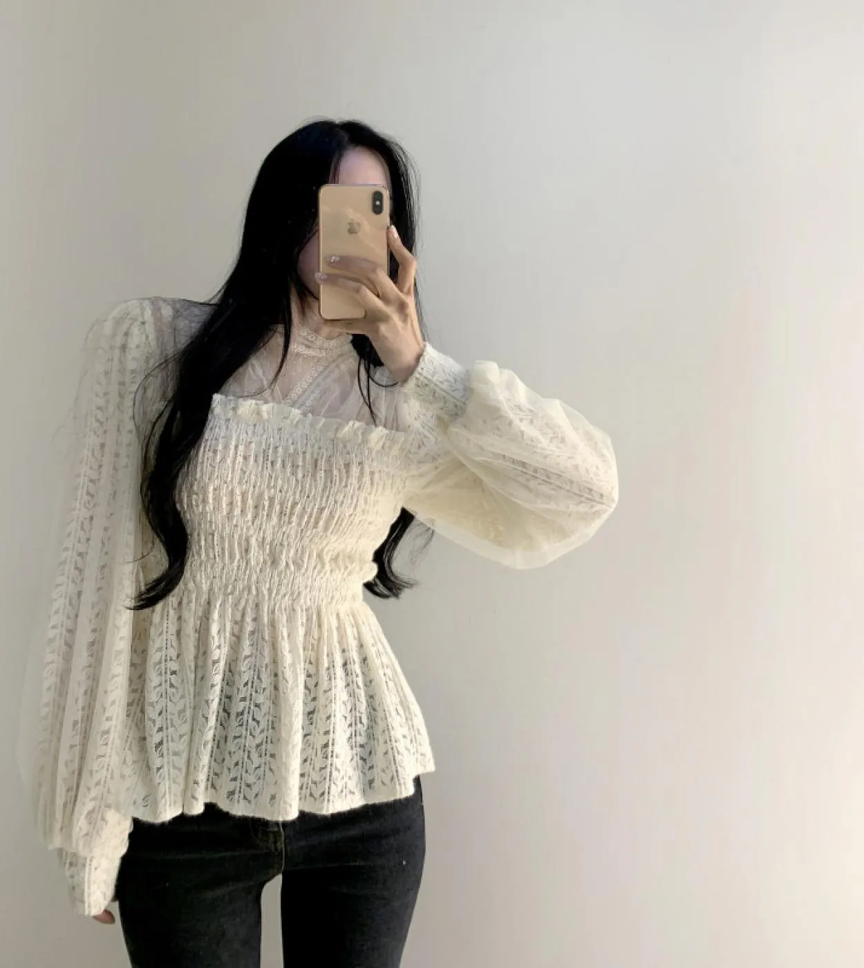 Camicetta in pizzo a maniche lunghe primaverili Colletto alla coreana Camicie eleganti da donna in maglia alluncinetto vuota Ca