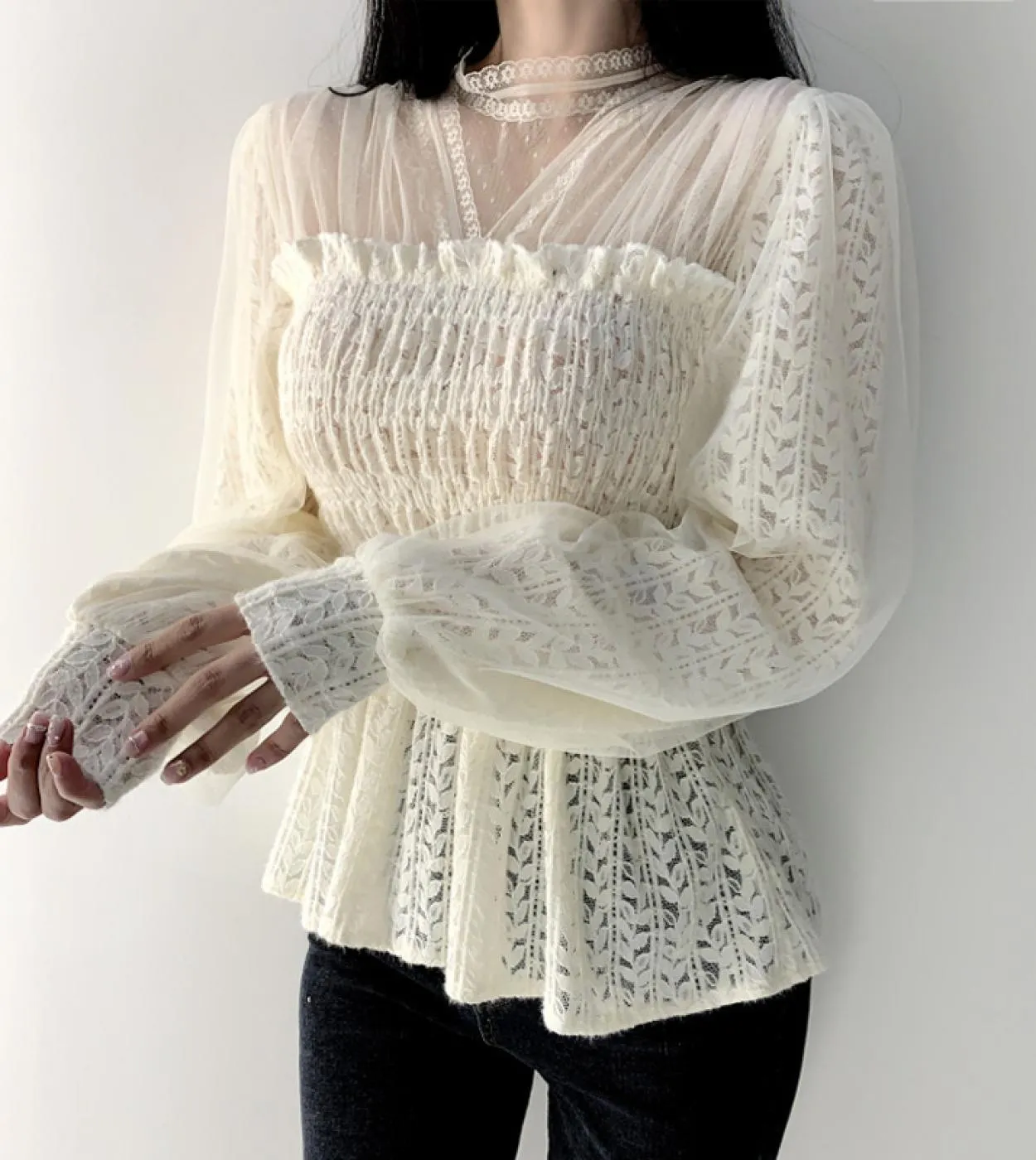 Camicetta in pizzo a maniche lunghe primaverili Colletto alla coreana Camicie eleganti da donna in maglia alluncinetto vuota Ca