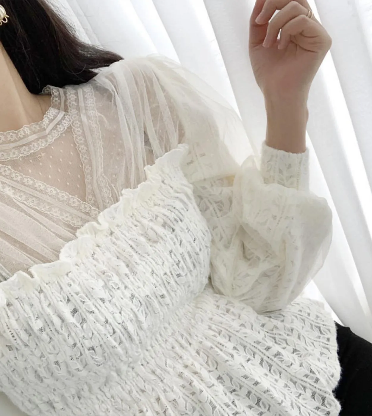 Camicetta in pizzo a maniche lunghe primaverili Colletto alla coreana Camicie eleganti da donna in maglia alluncinetto vuota Ca
