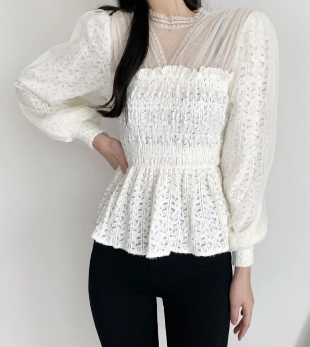 Camicetta in pizzo a maniche lunghe primaverili Colletto alla coreana Camicie eleganti da donna in maglia alluncinetto vuota Ca
