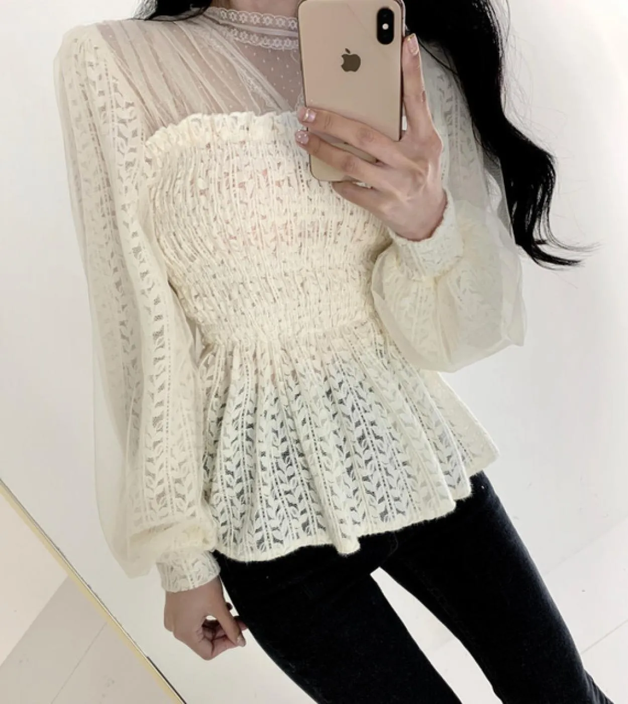 Camicetta in pizzo a maniche lunghe primaverili Colletto alla coreana Camicie eleganti da donna in maglia alluncinetto vuota Ca