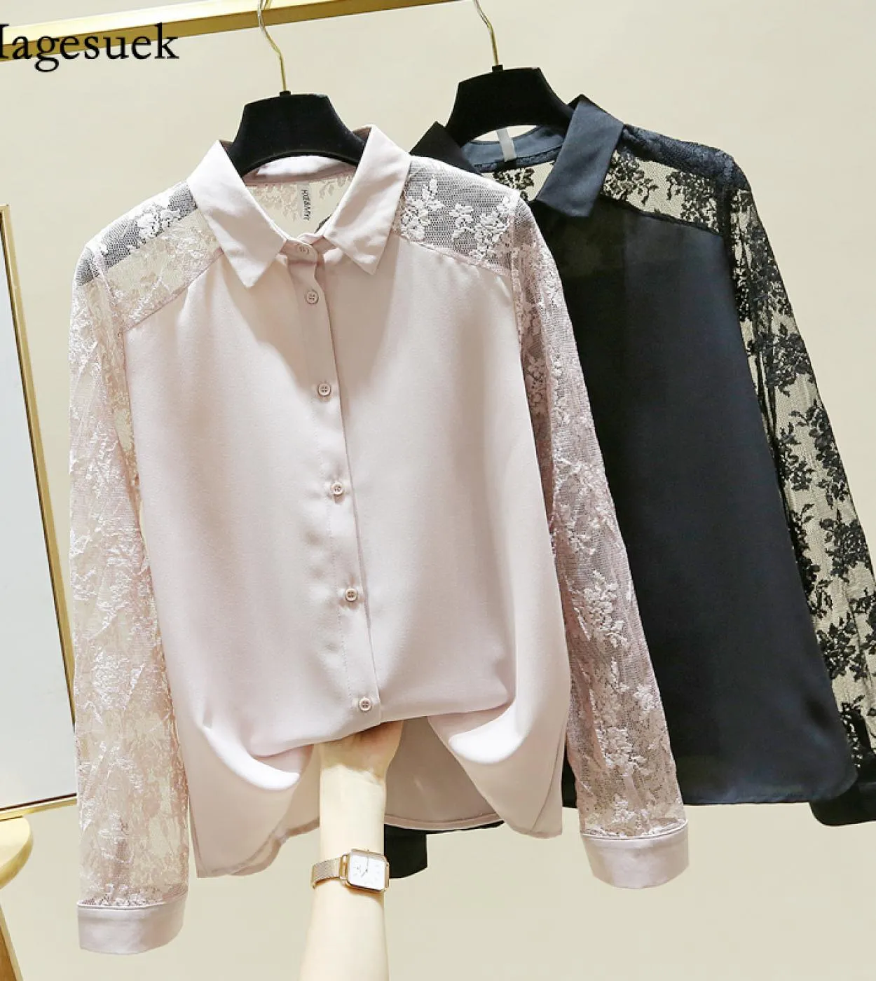 Camicia in chiffon con cuciture in pizzo vintage Camicette eleganti di nuova moda Camicette casual da donna a maniche lunghe con