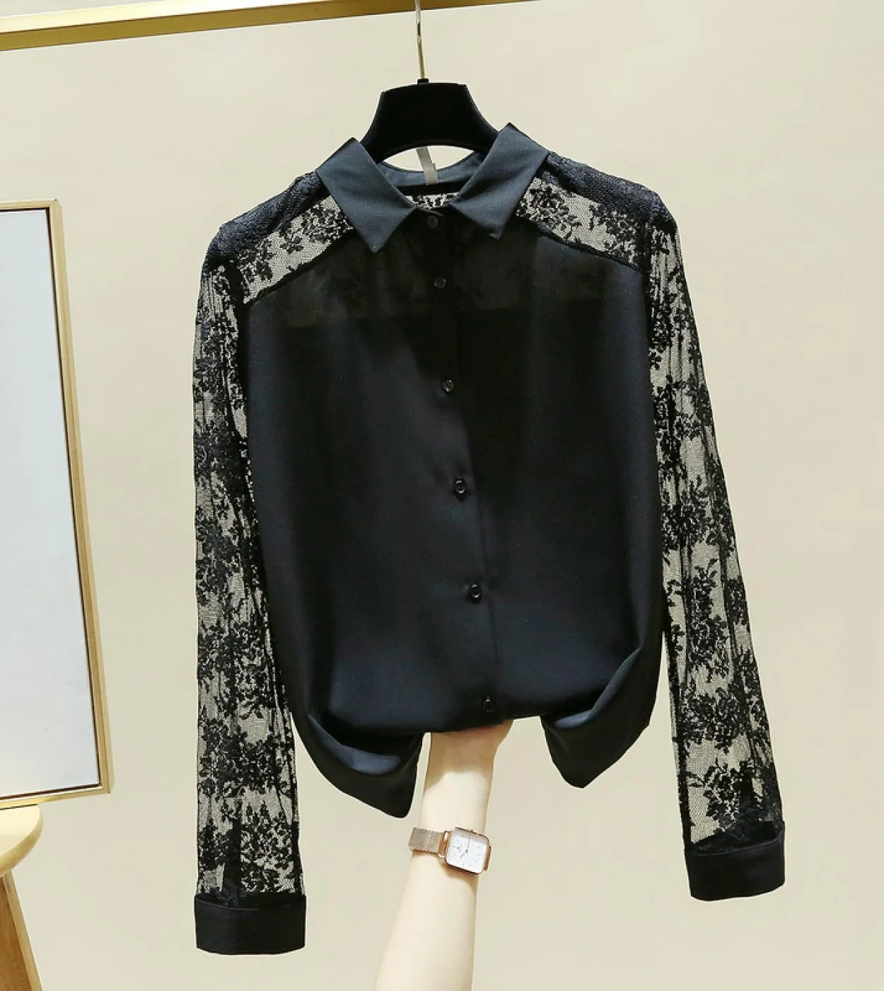 Camicia in chiffon con cuciture in pizzo vintage Camicette eleganti di nuova moda Camicette casual da donna a maniche lunghe con