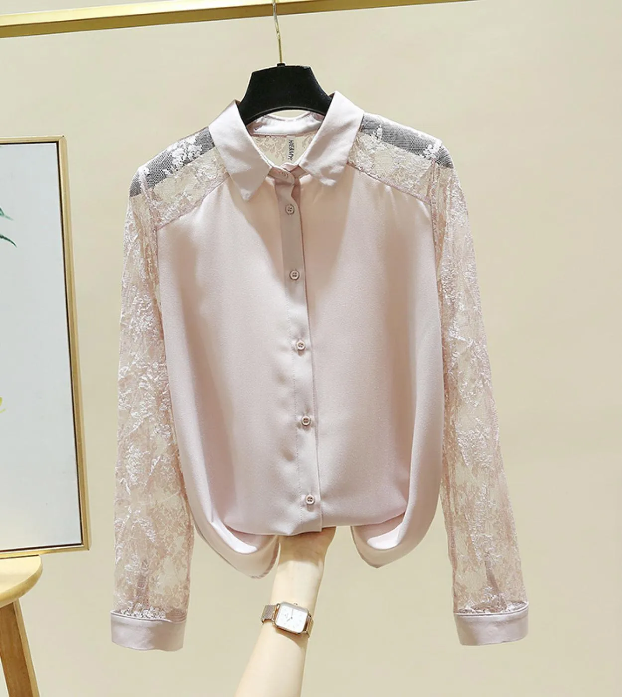 Camicia in chiffon con cuciture in pizzo vintage Camicette eleganti di nuova moda Camicette casual da donna a maniche lunghe con