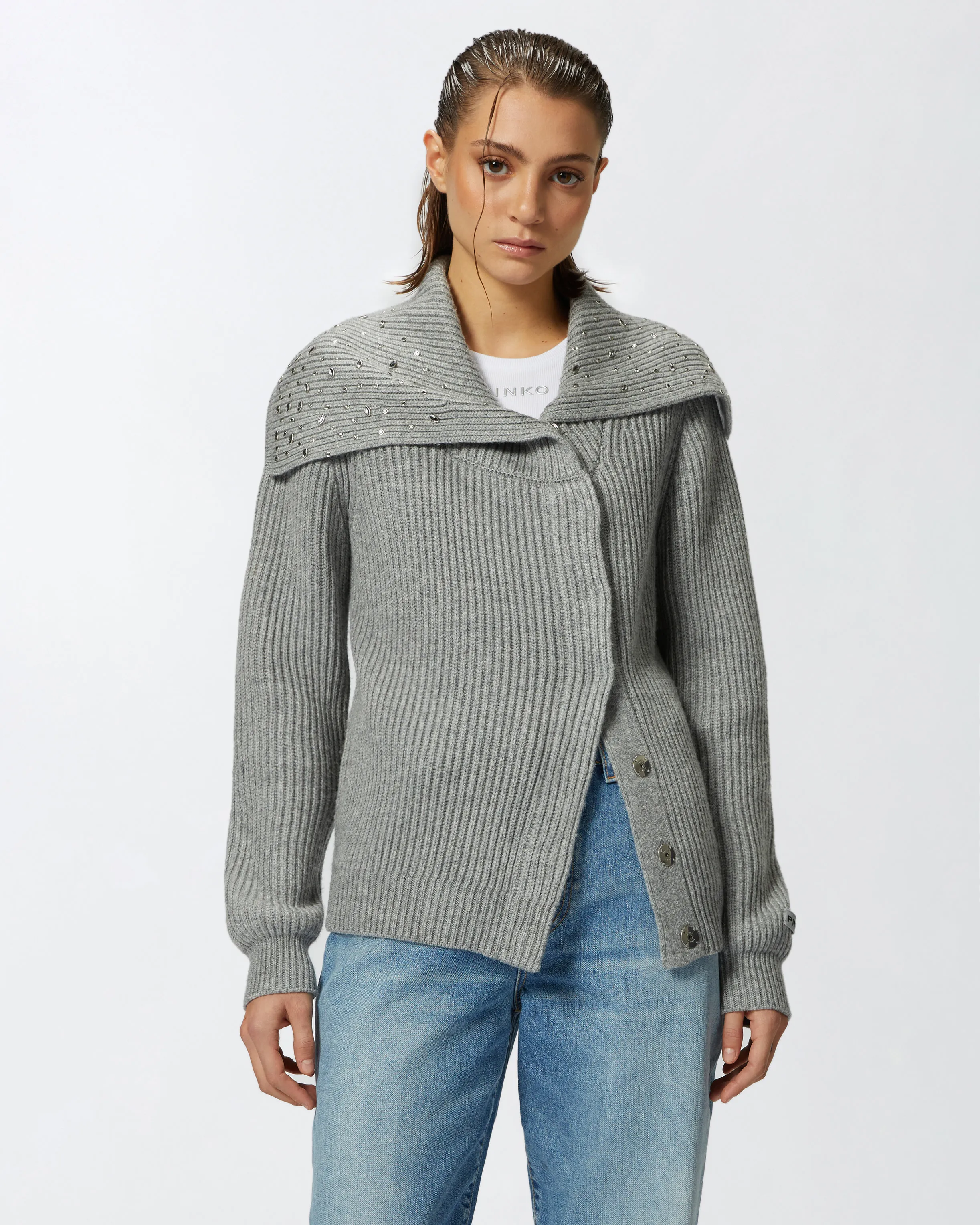  Cardigan collo alto misto cachemire con cristalli    