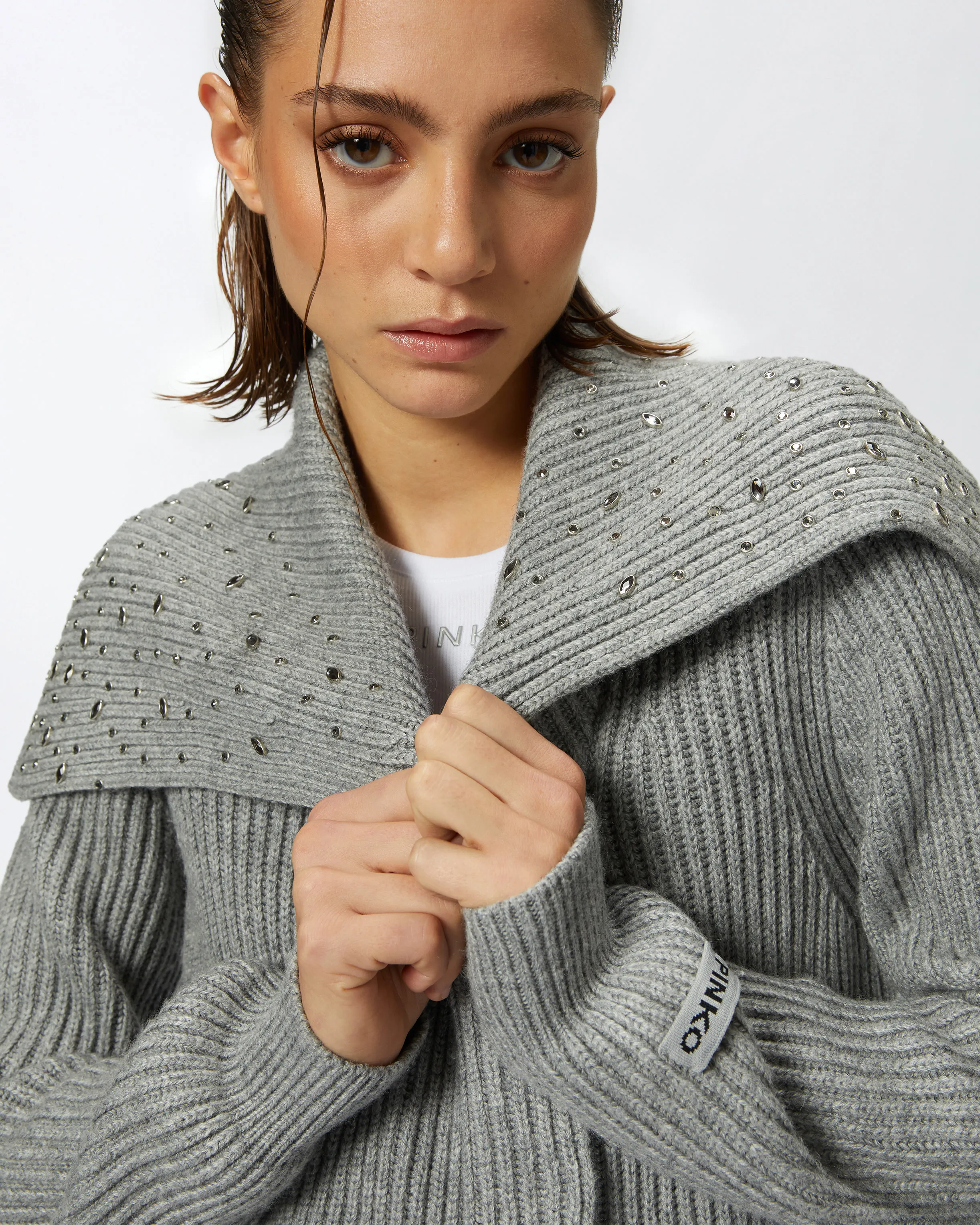 Cardigan collo alto misto cachemire con cristalli    