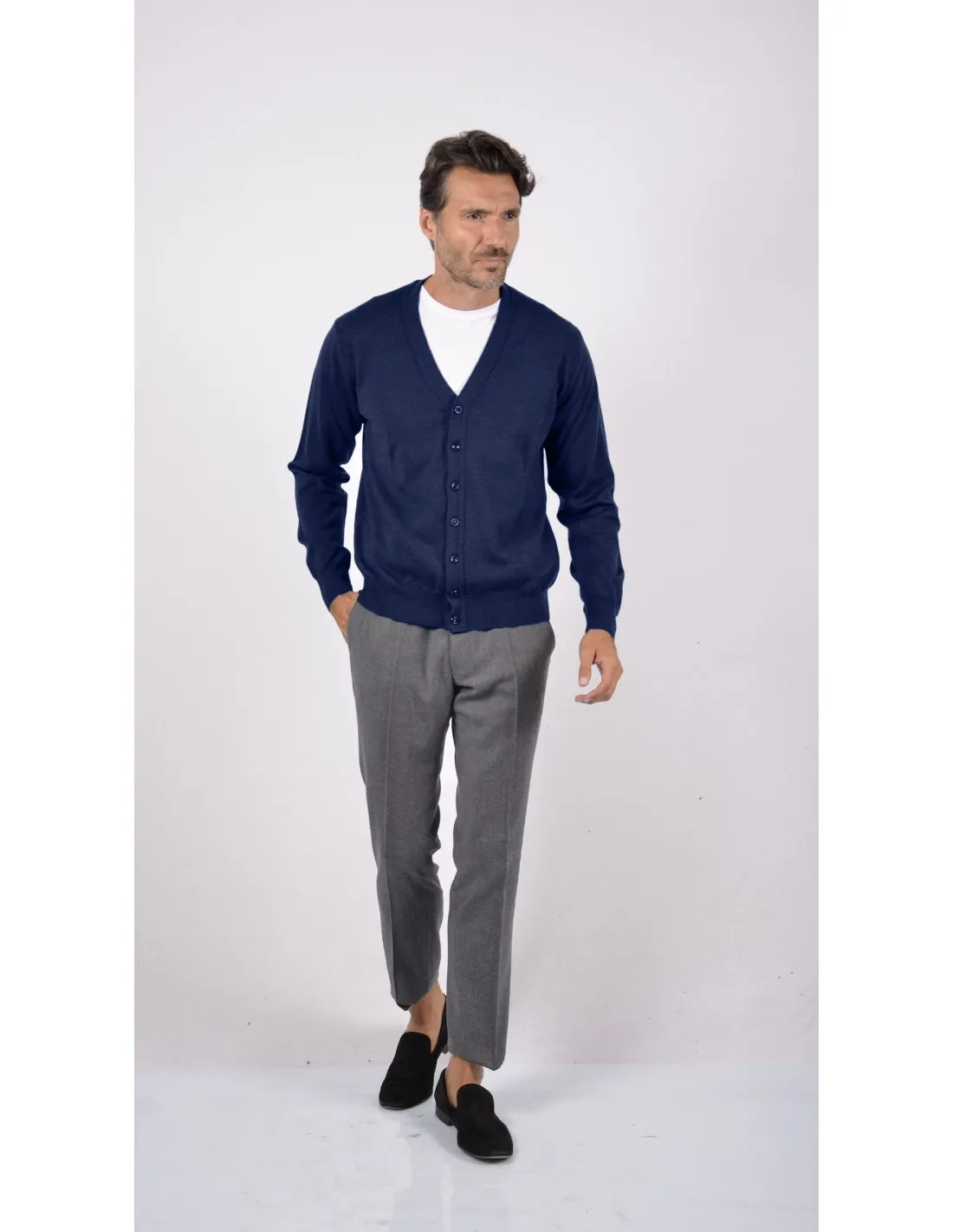 Cardigan Manica Lunga Blu Merino Extrafine 4 Stagioni