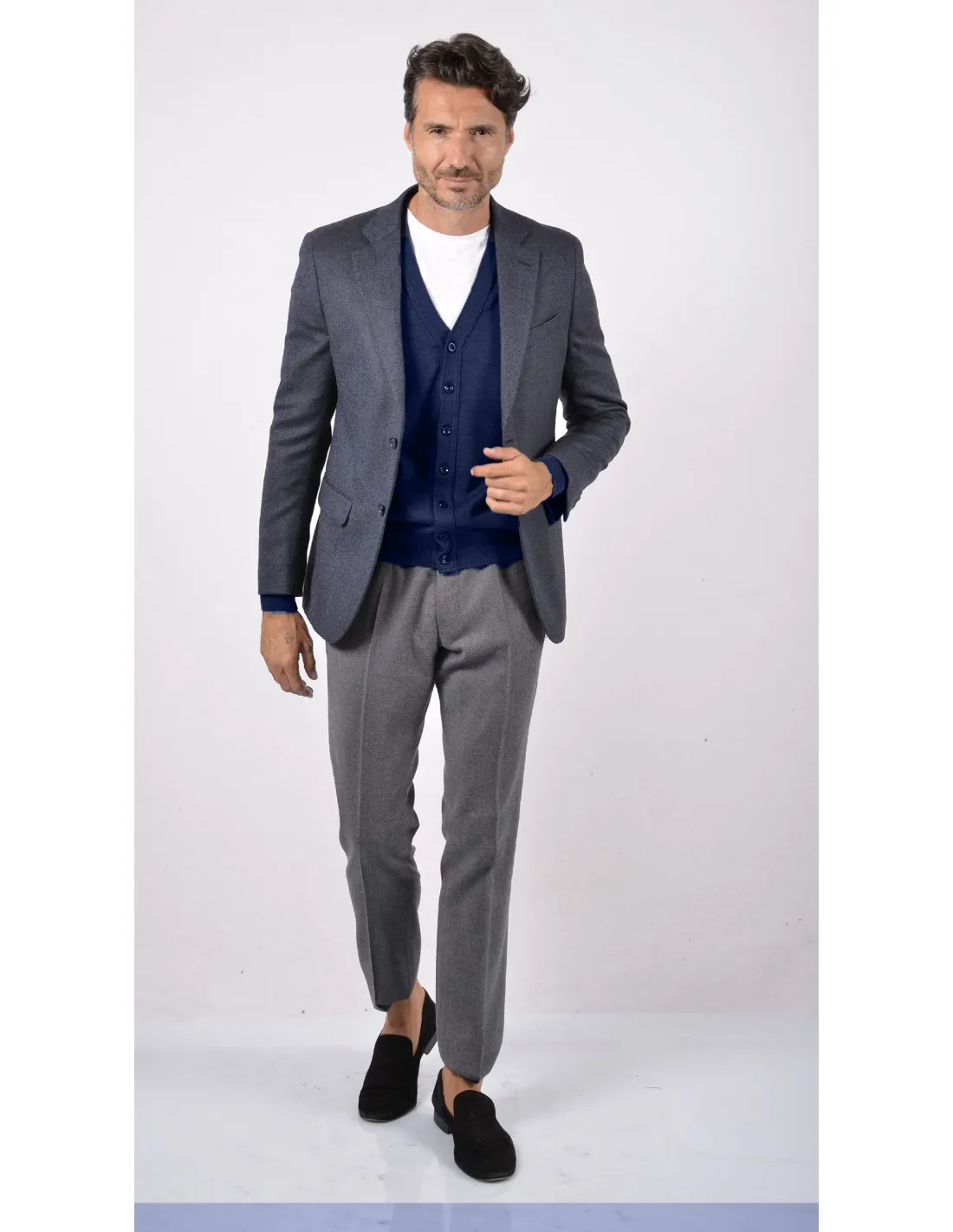 Cardigan Manica Lunga Blu Merino Extrafine 4 Stagioni