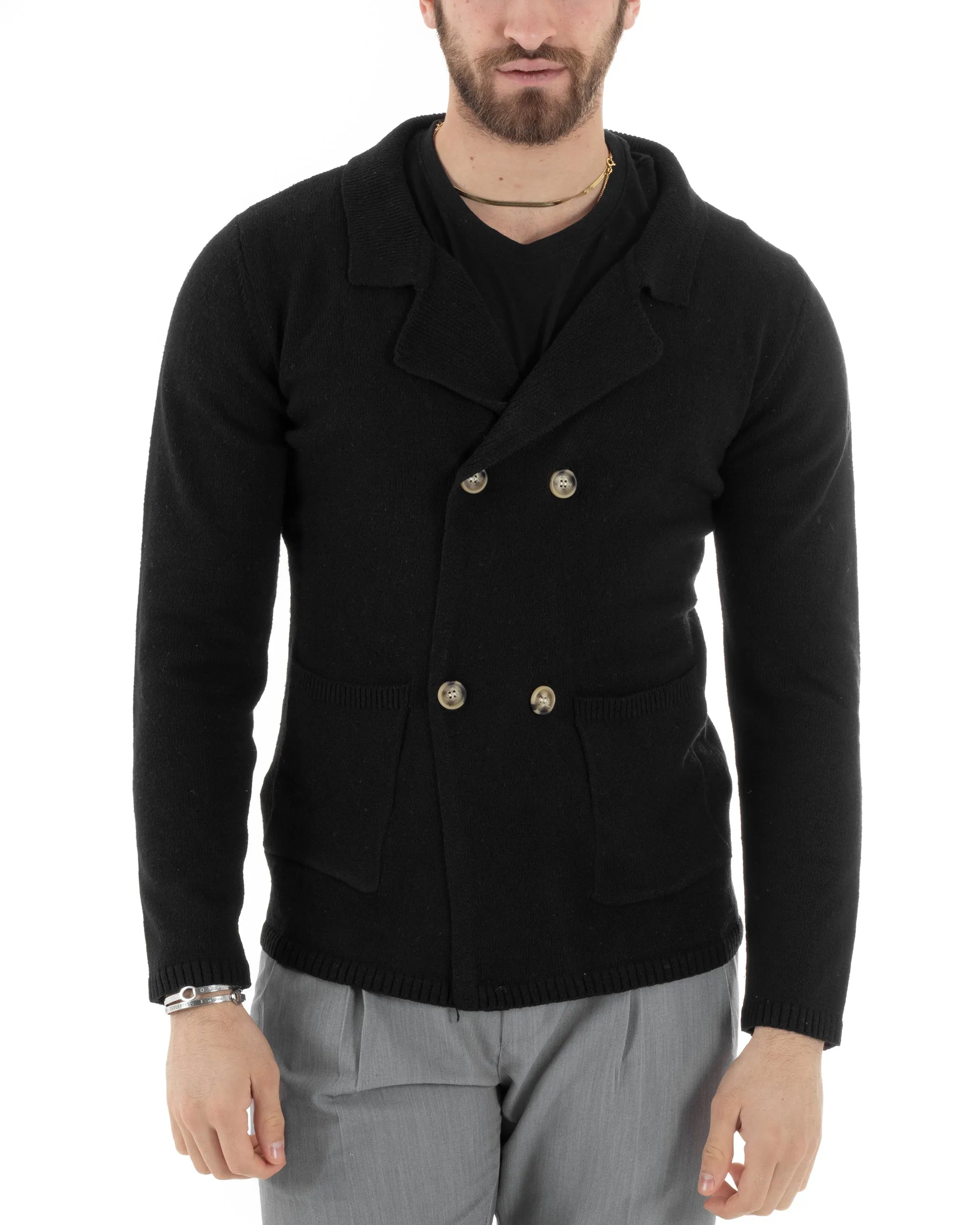 Cardigan Uomo Giacca Doppiopetto Con Bottoni Maglia Maglioncino Tinta Unita Nero Casual GIOSAL-M2810A
