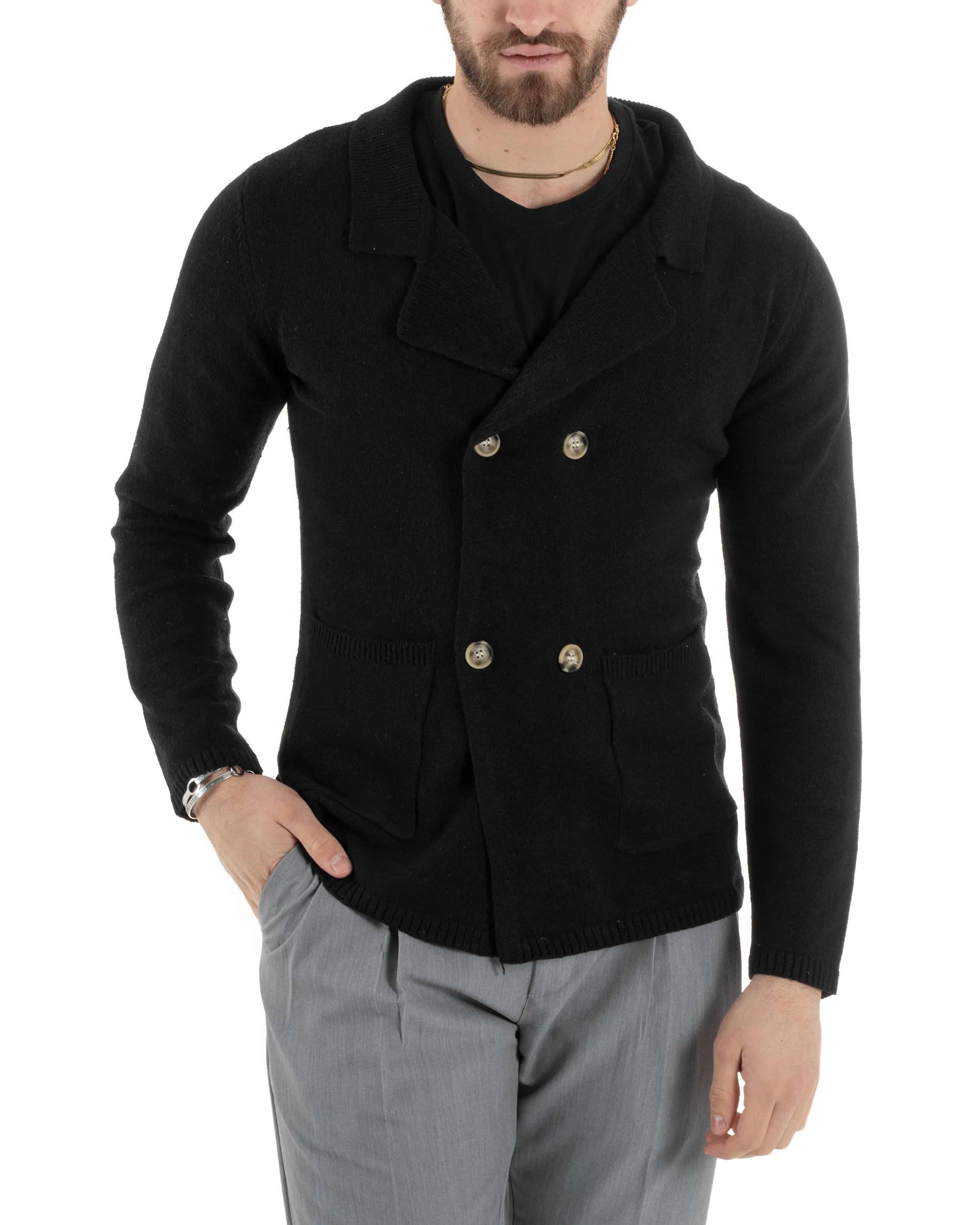 Cardigan Uomo Giacca Doppiopetto Con Bottoni Maglia Maglioncino Tinta Unita Nero Casual GIOSAL-M2810A