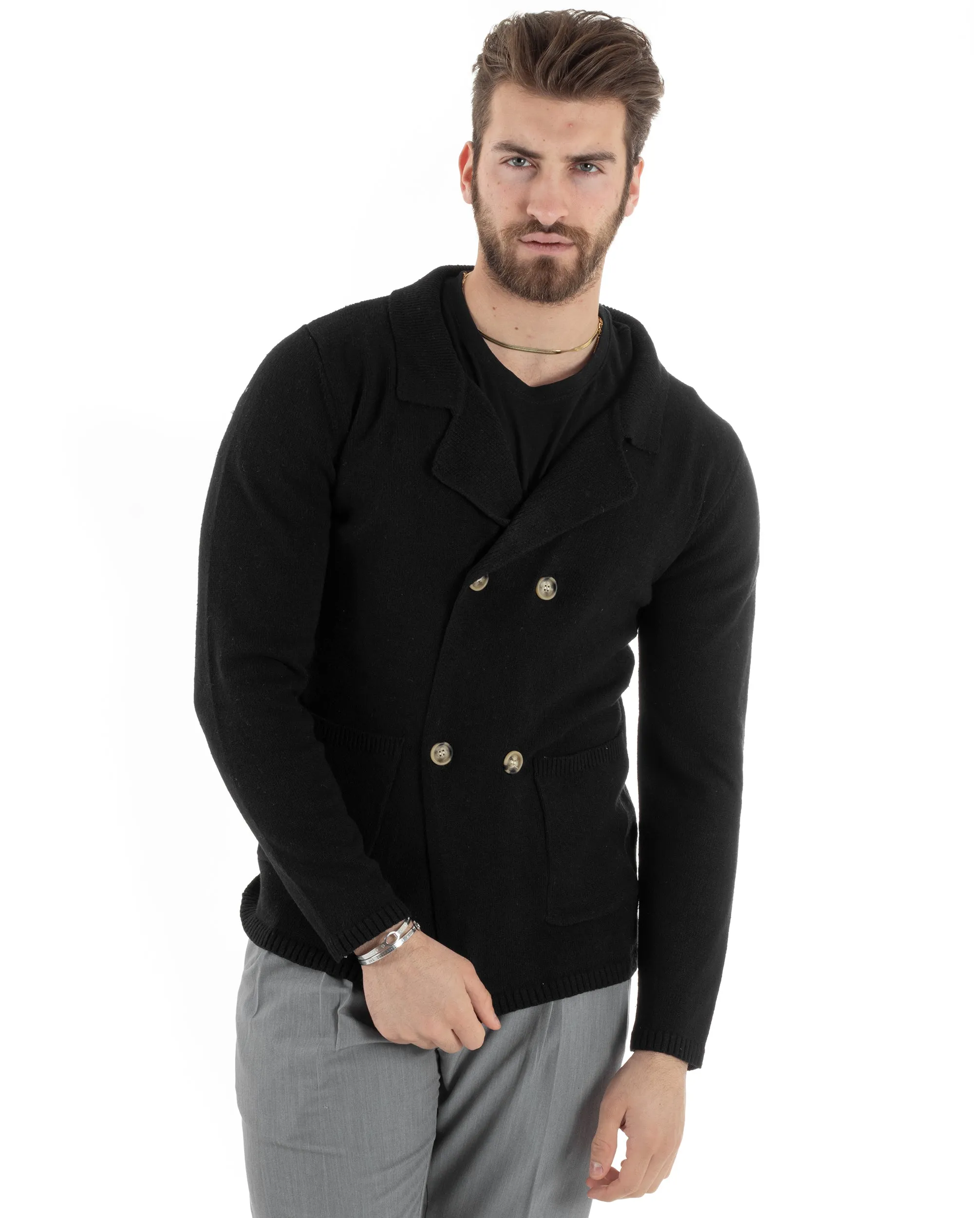 Cardigan Uomo Giacca Doppiopetto Con Bottoni Maglia Maglioncino Tinta Unita Nero Casual GIOSAL-M2810A