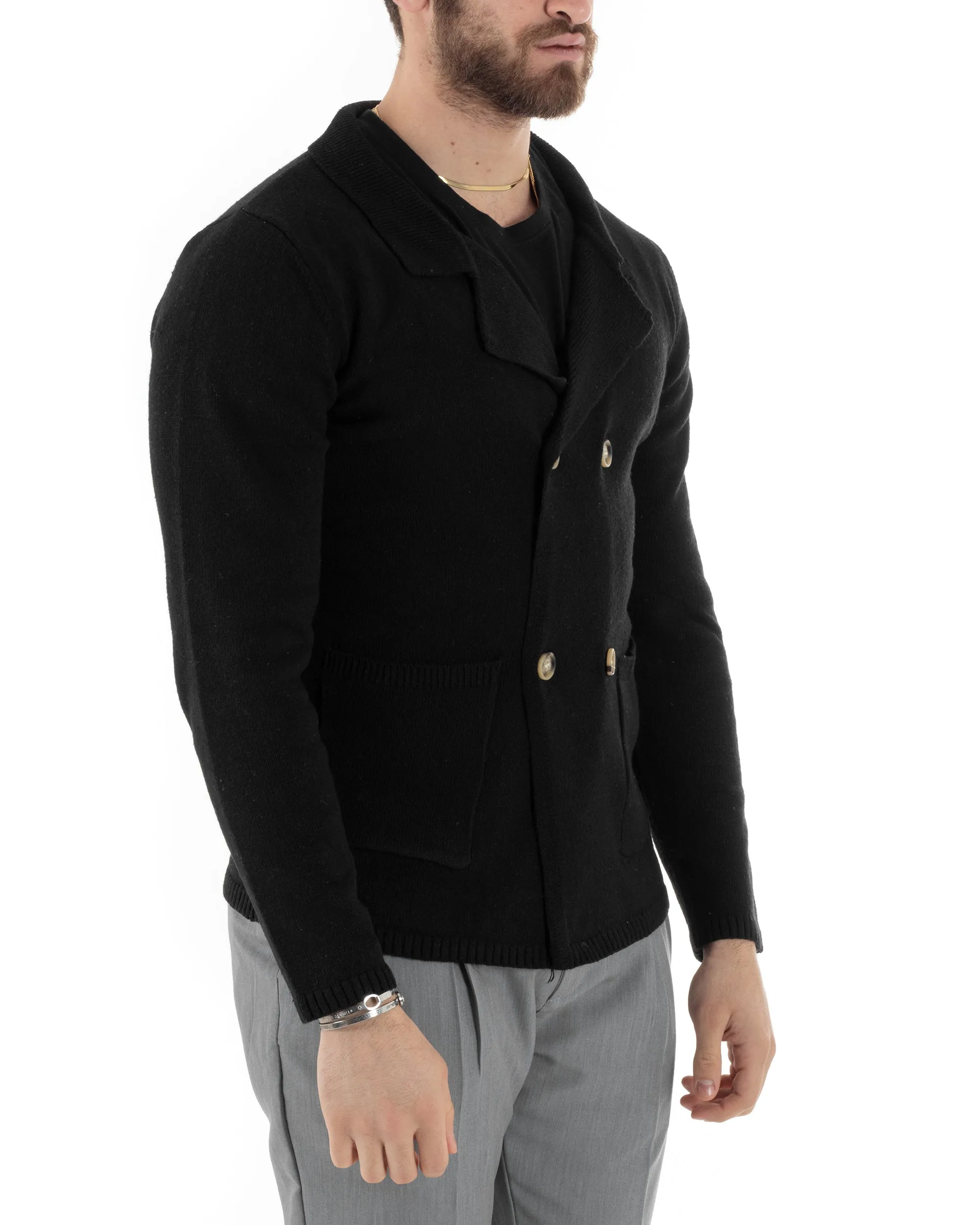 Cardigan Uomo Giacca Doppiopetto Con Bottoni Maglia Maglioncino Tinta Unita Nero Casual GIOSAL-M2810A
