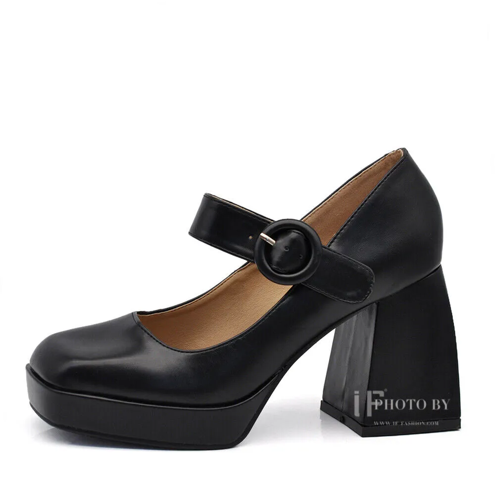 Décolleté Scarpe Da Donna Mary Jane Tacco Grosso Con Cinturini JM-9818