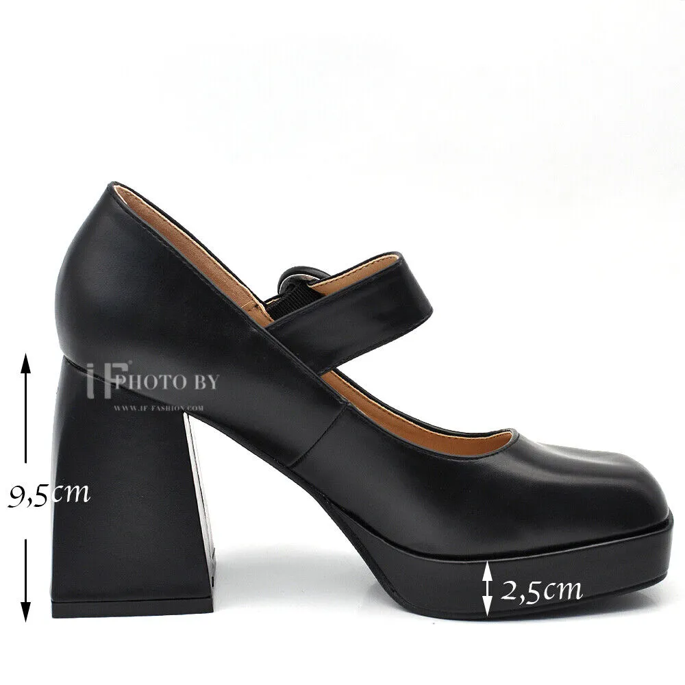 Décolleté Scarpe Da Donna Mary Jane Tacco Grosso Con Cinturini JM-9818